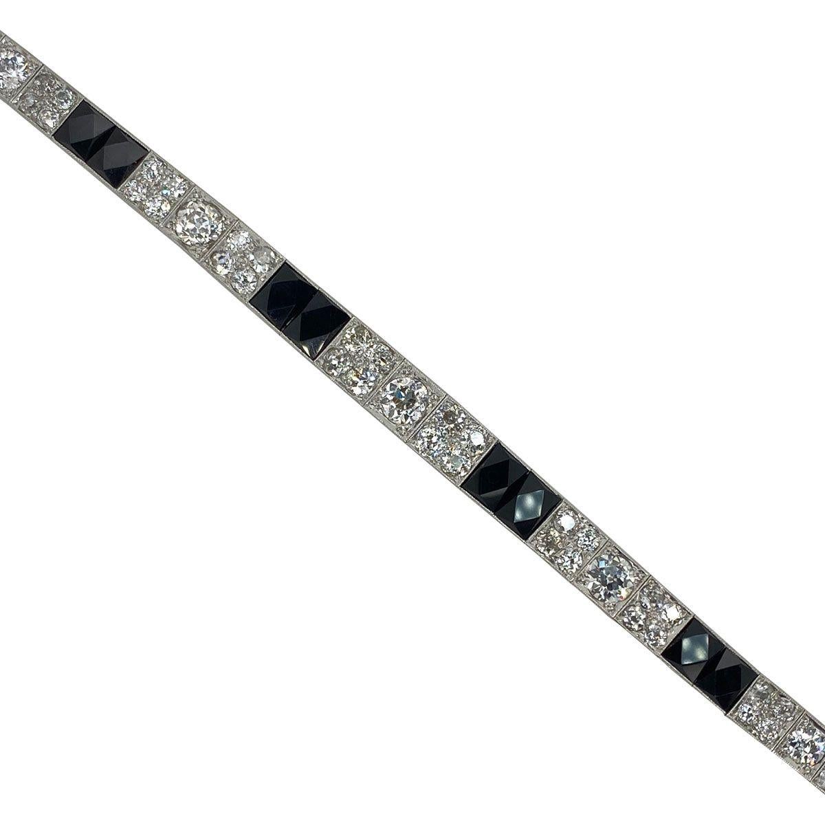 Art Deco Platinum Diamond and Onyx Engraved Line Bracelet For Sale 3