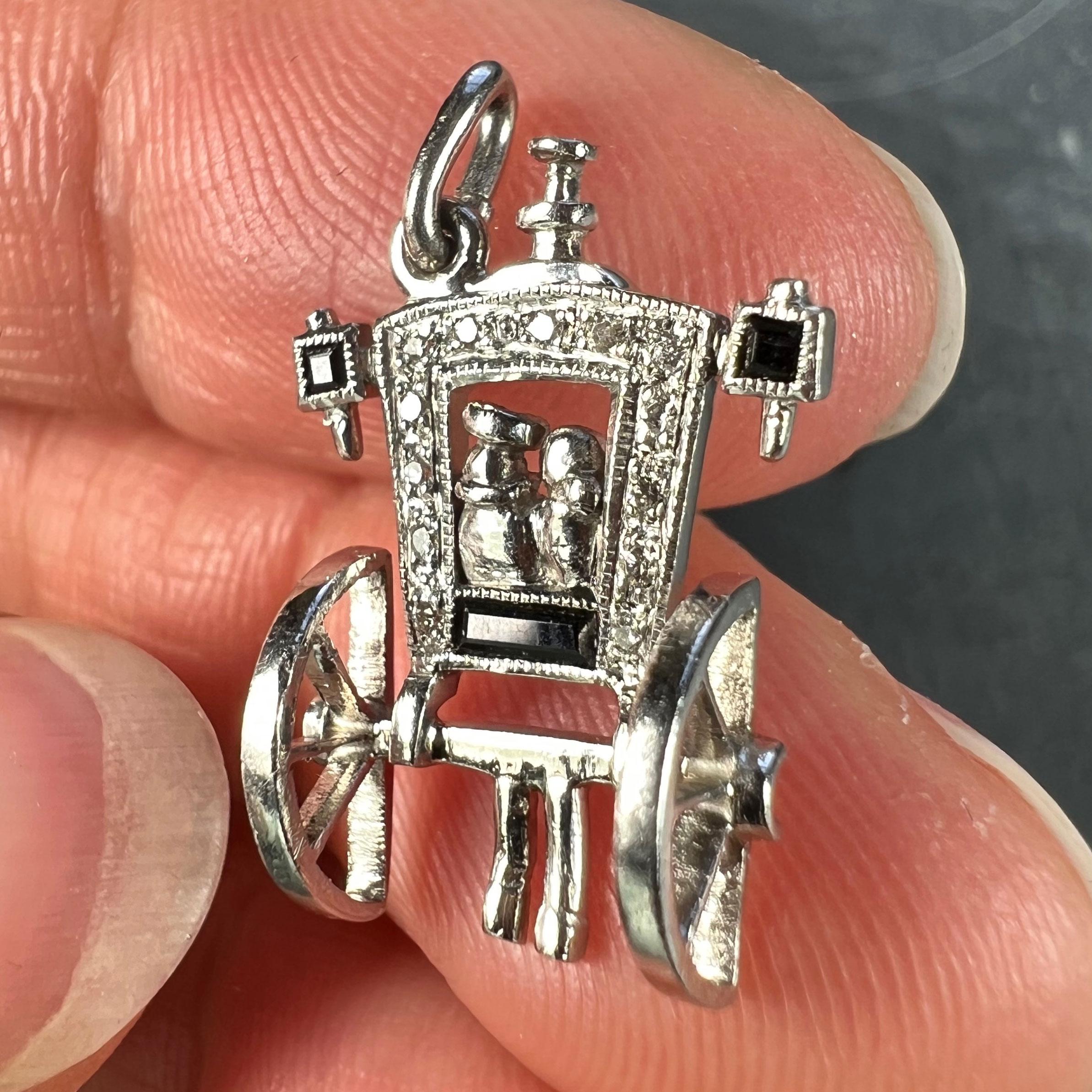 Art Deco Platinum Diamond Onyx Just Married Carriage Charm Pendant For Sale 1