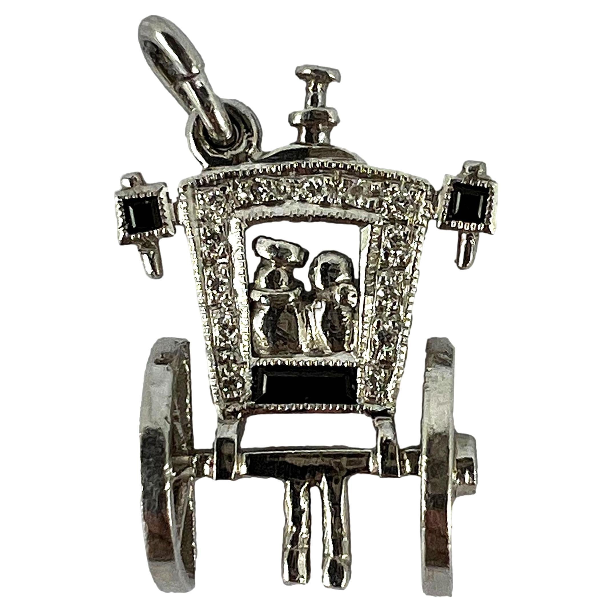 Art Deco Platin Diamant Onyx Just Married Carriage Charm Anhänger