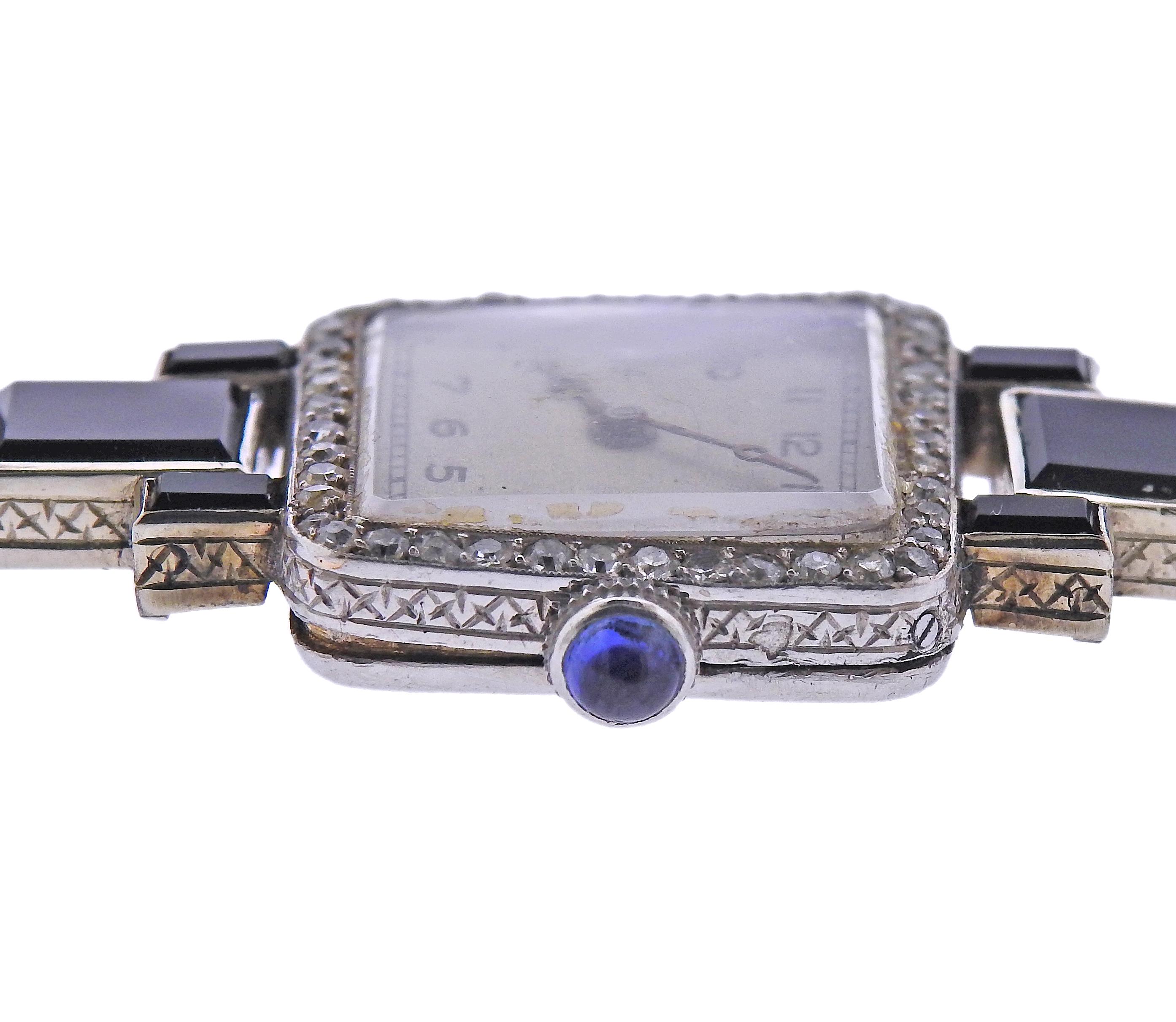 Square Cut Art Deco Platinum Diamond Onyx Lady's Watch For Sale