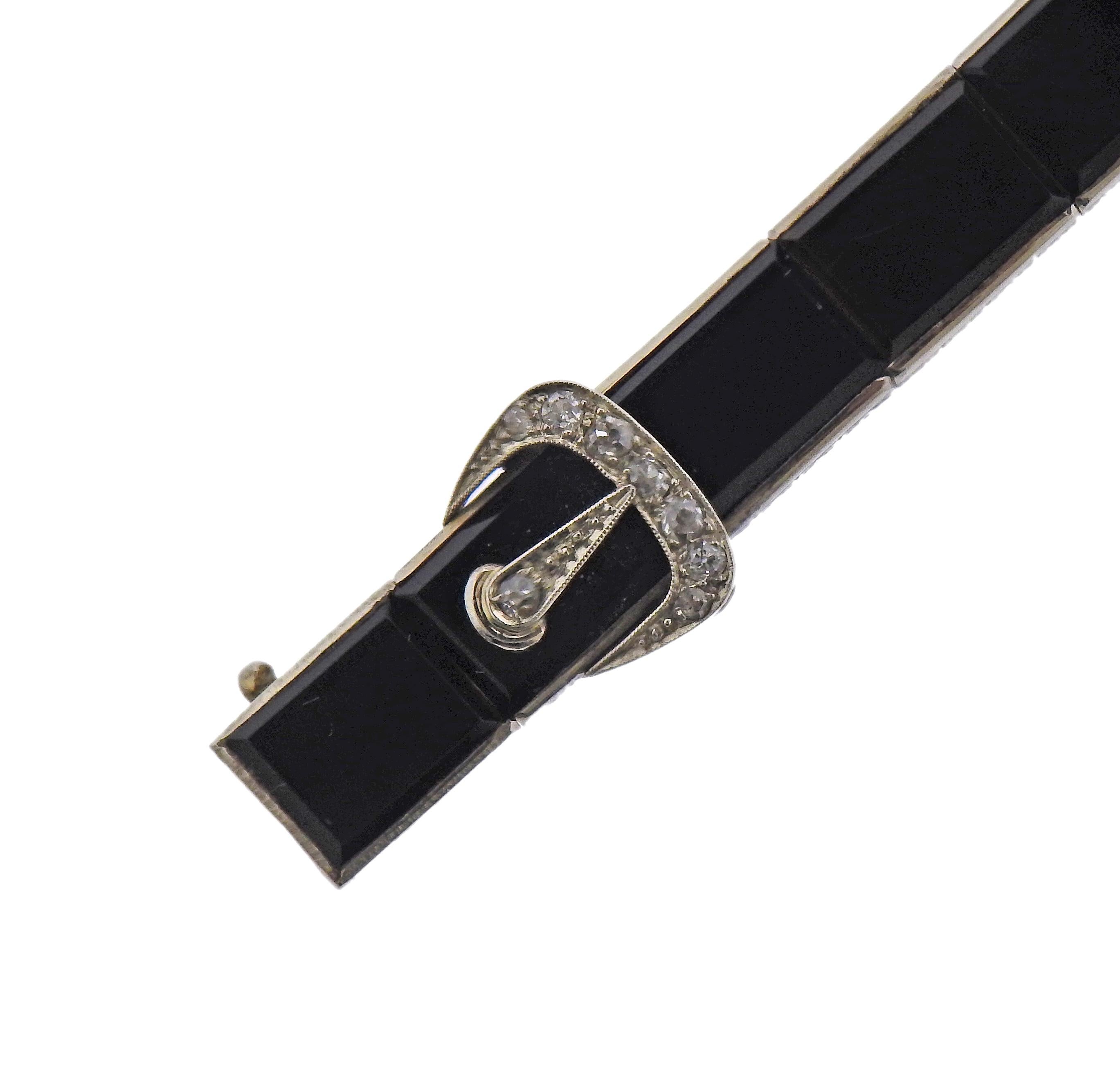 Art Deco Platinum Diamond Onyx Lady's Watch In Excellent Condition For Sale In New York, NY