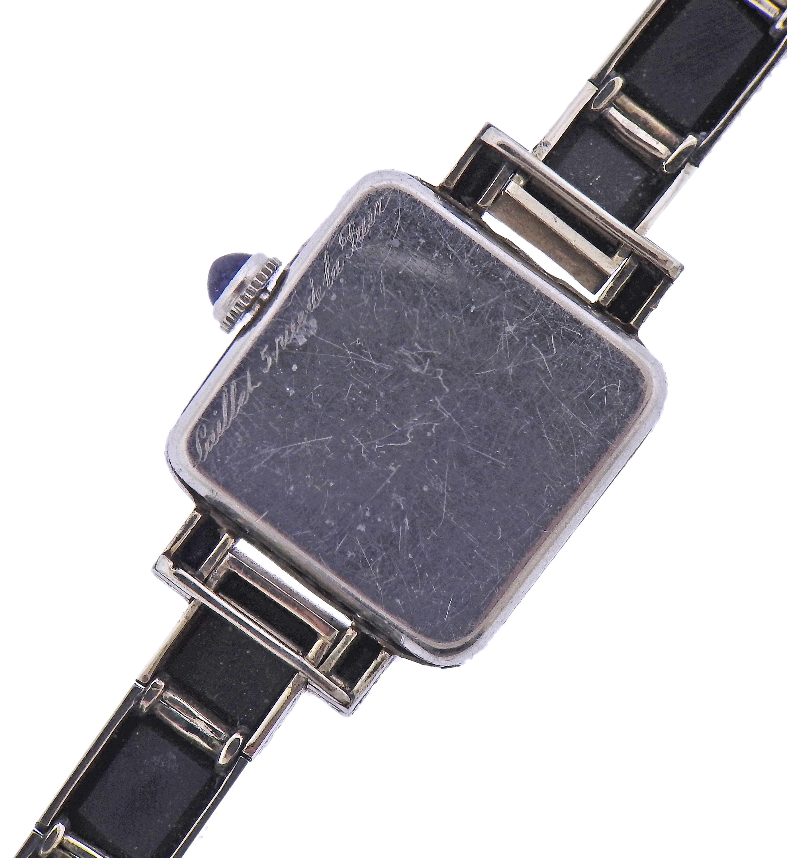 Women's Art Deco Platinum Diamond Onyx Lady's Watch For Sale