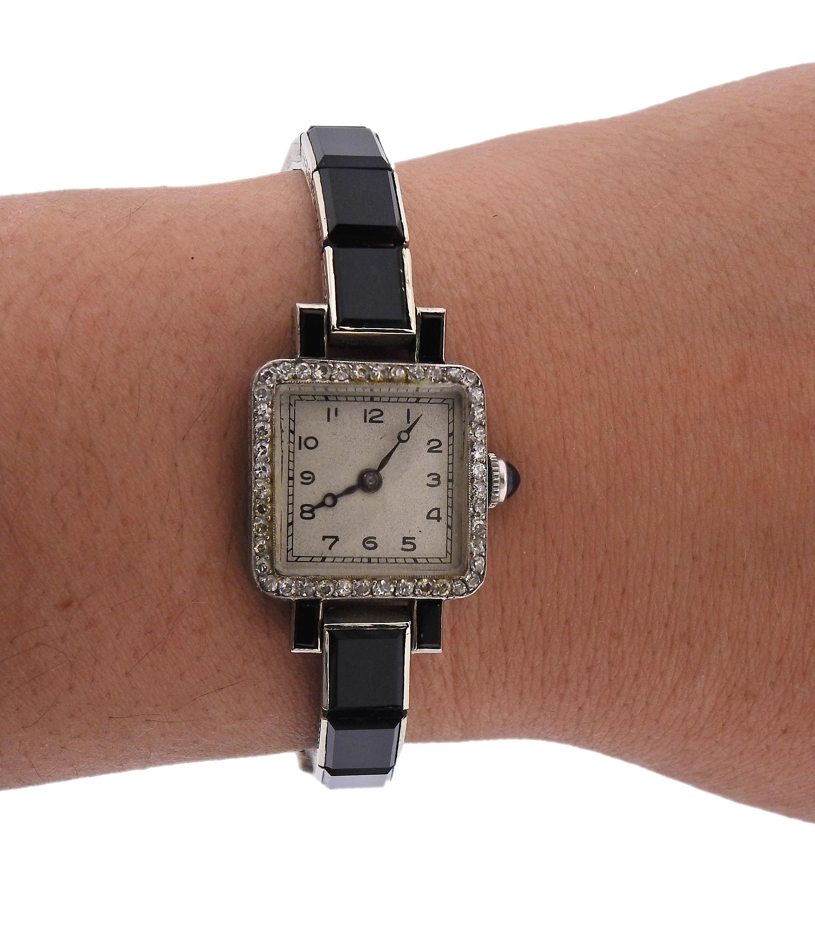 Art Deco Platinum Diamond Onyx Lady's Watch For Sale 1