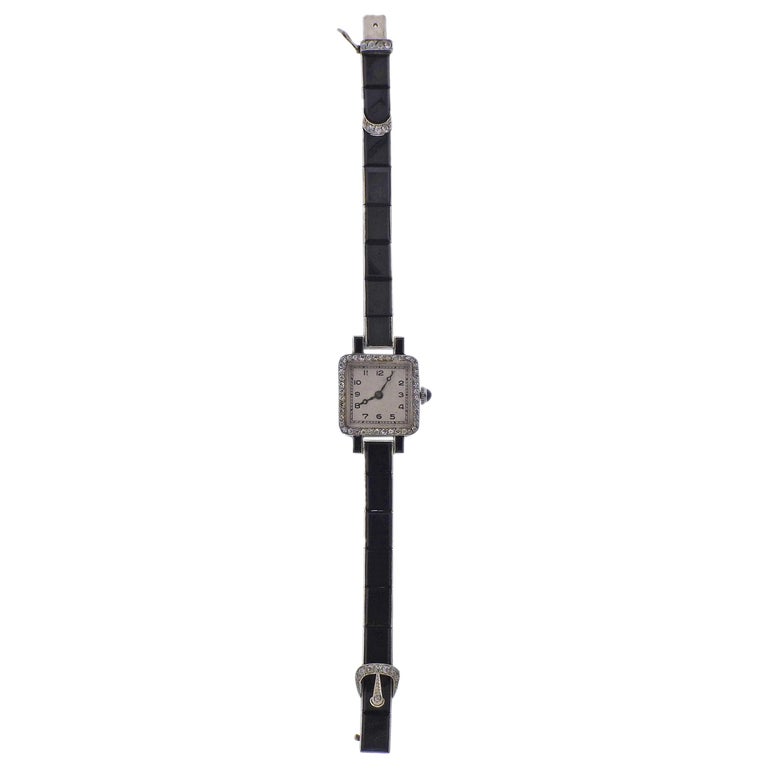 Art Deco Platinum Diamond Onyx Lady's Watch For Sale at 1stDibs