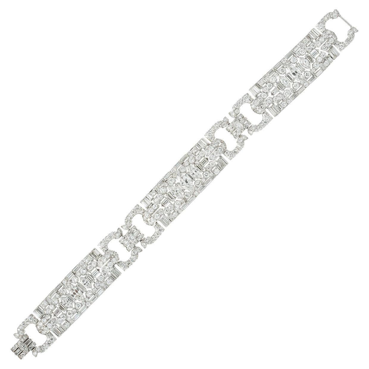 Art Deco Platinum Diamond Panel Link Bracelet For Sale