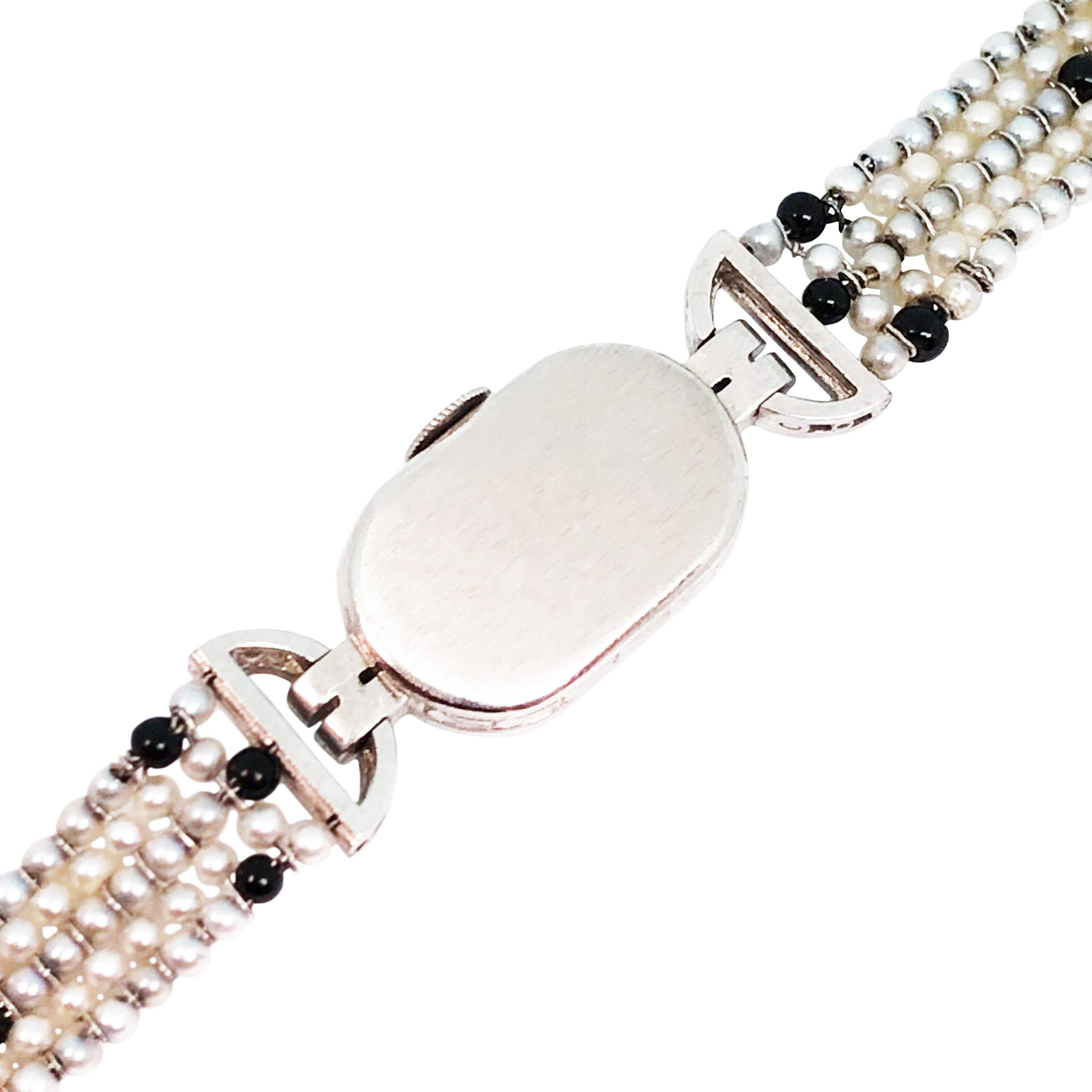 Rose Cut Art Deco Platinum Diamond Pearl and Onyx Ladies Mechanical Wristwatch