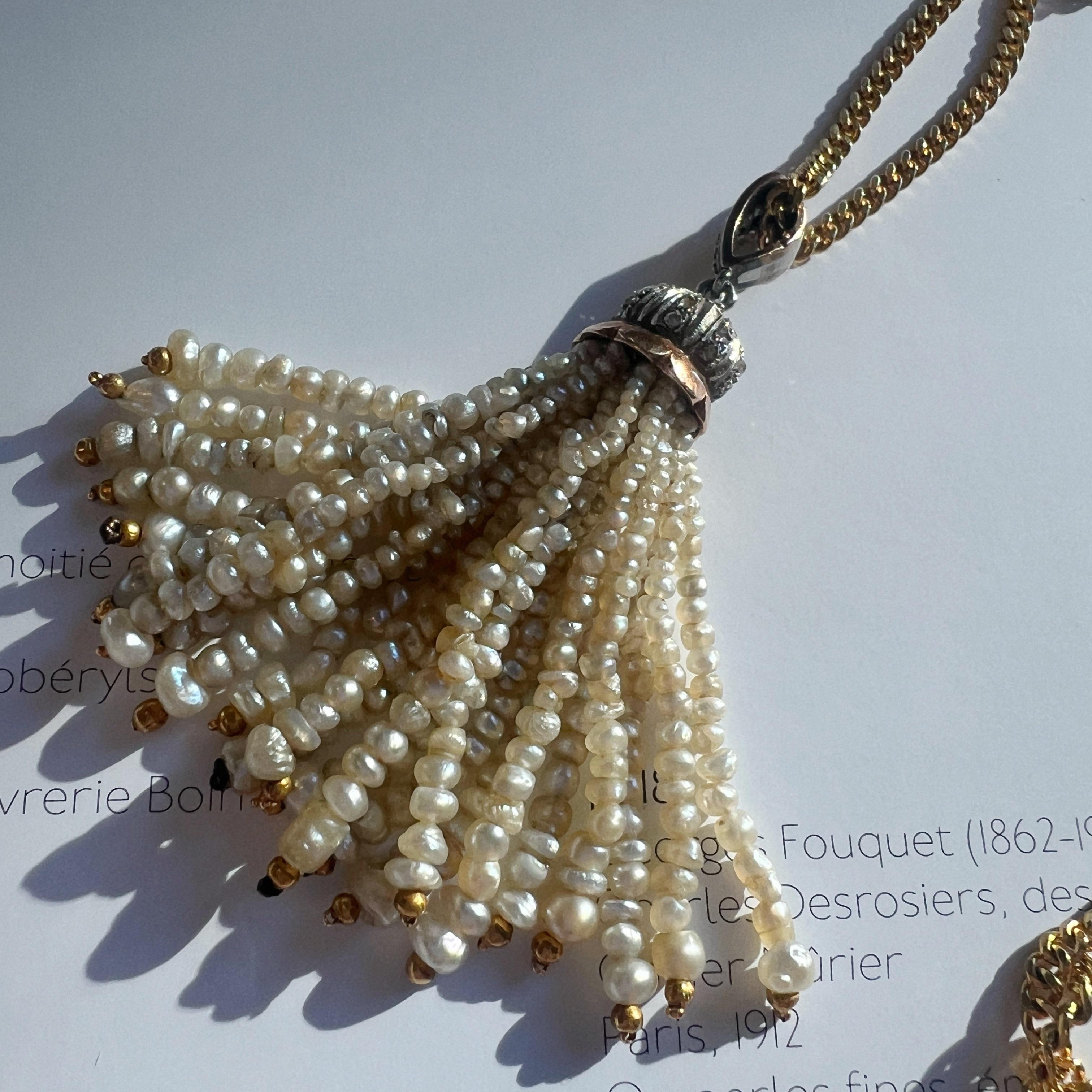 Art Deco platinum diamond pearl tassel pendant For Sale 2