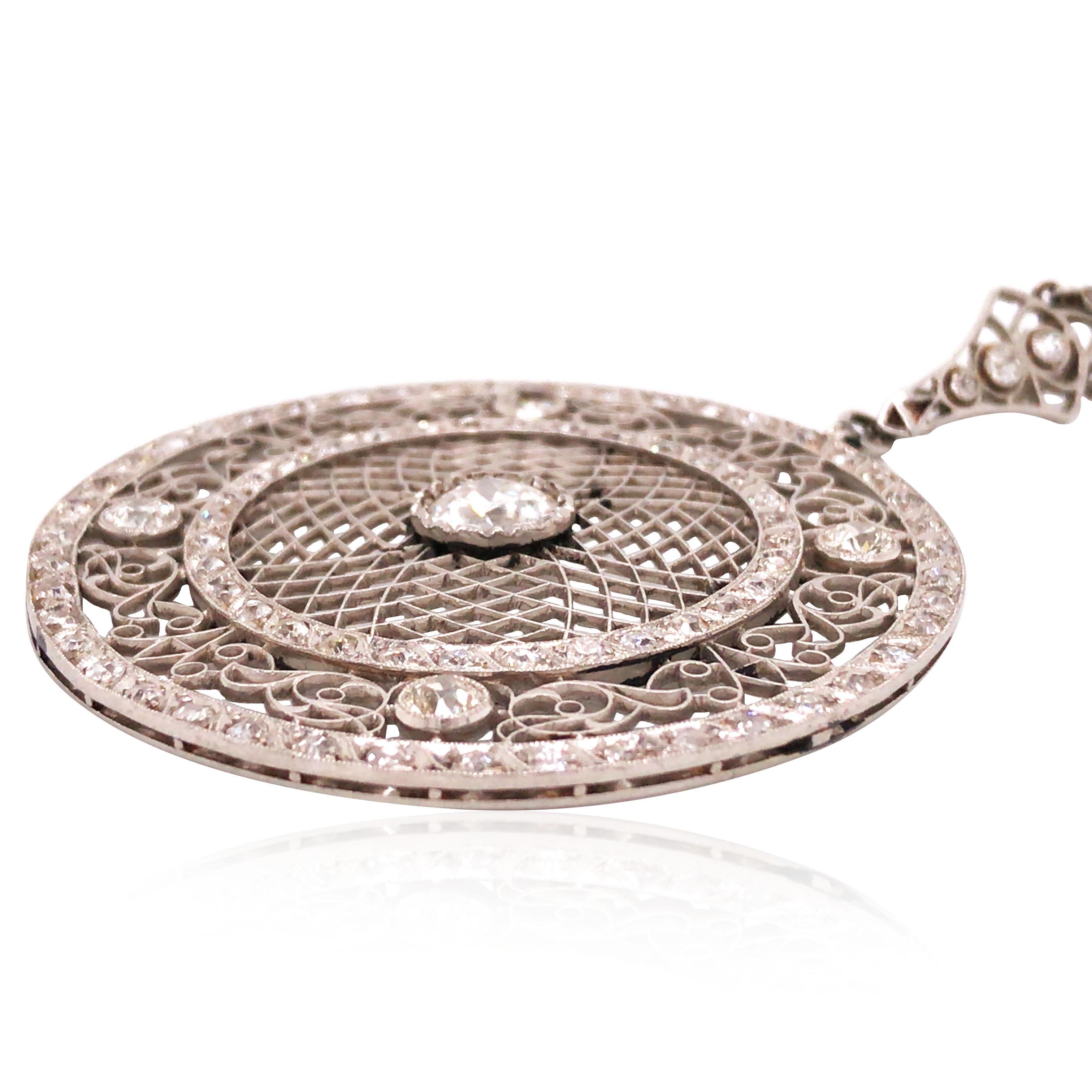 Round Cut Art Deco Platinum Diamond Pendant Necklace For Sale