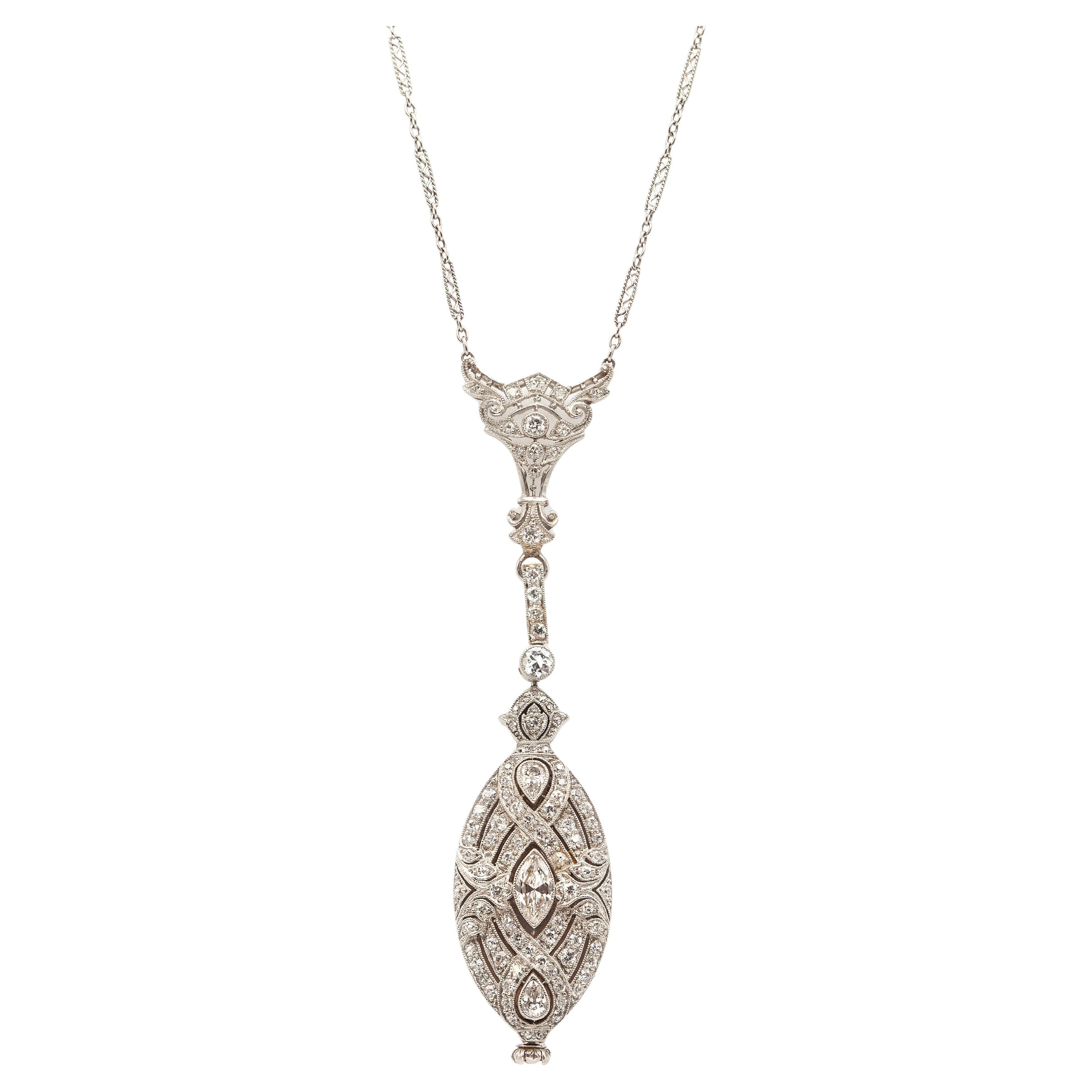 Art Deco Platinum Diamond Watch Pendant Necklace circa 1920s