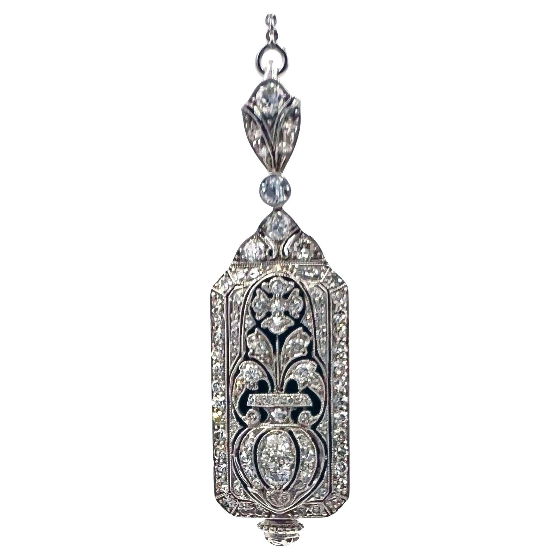 Art Deco Platinum Diamond Pendant Watch on Sautoir Neck Chain For Sale 1