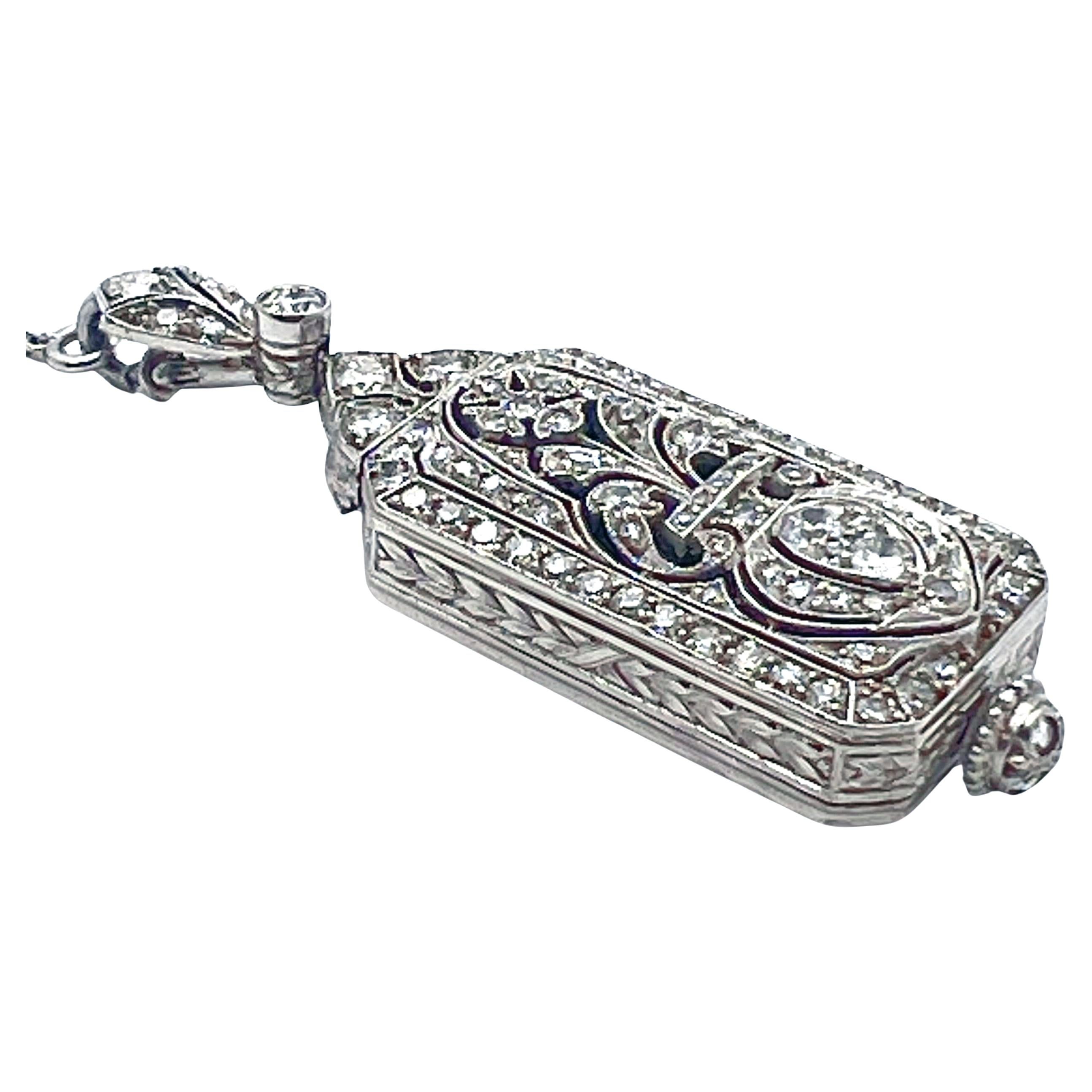 Art Deco Platinum Diamond Pendant Watch on Sautoir Neck Chain For Sale 2