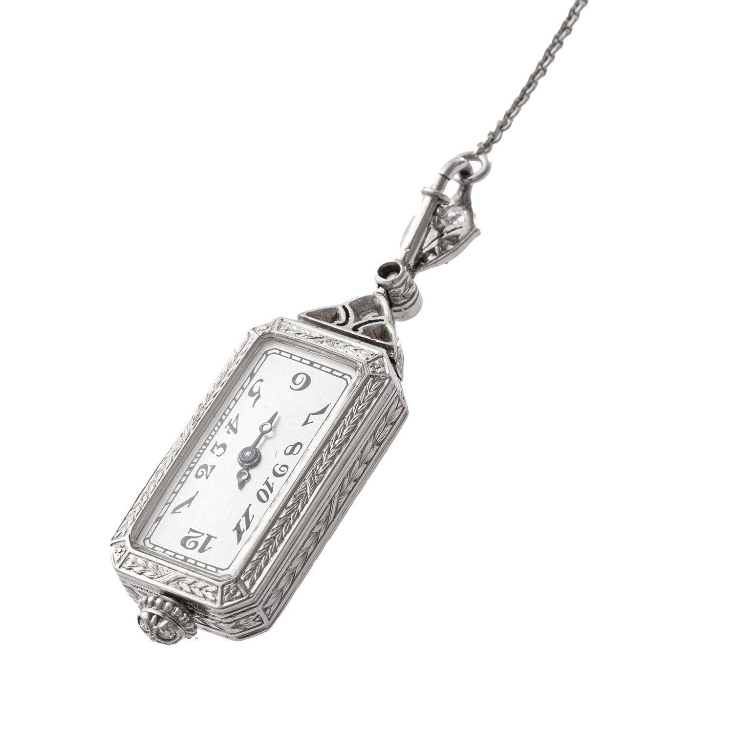 Art Deco Platinum Diamond Watch Pendant Necklace For Sale 1