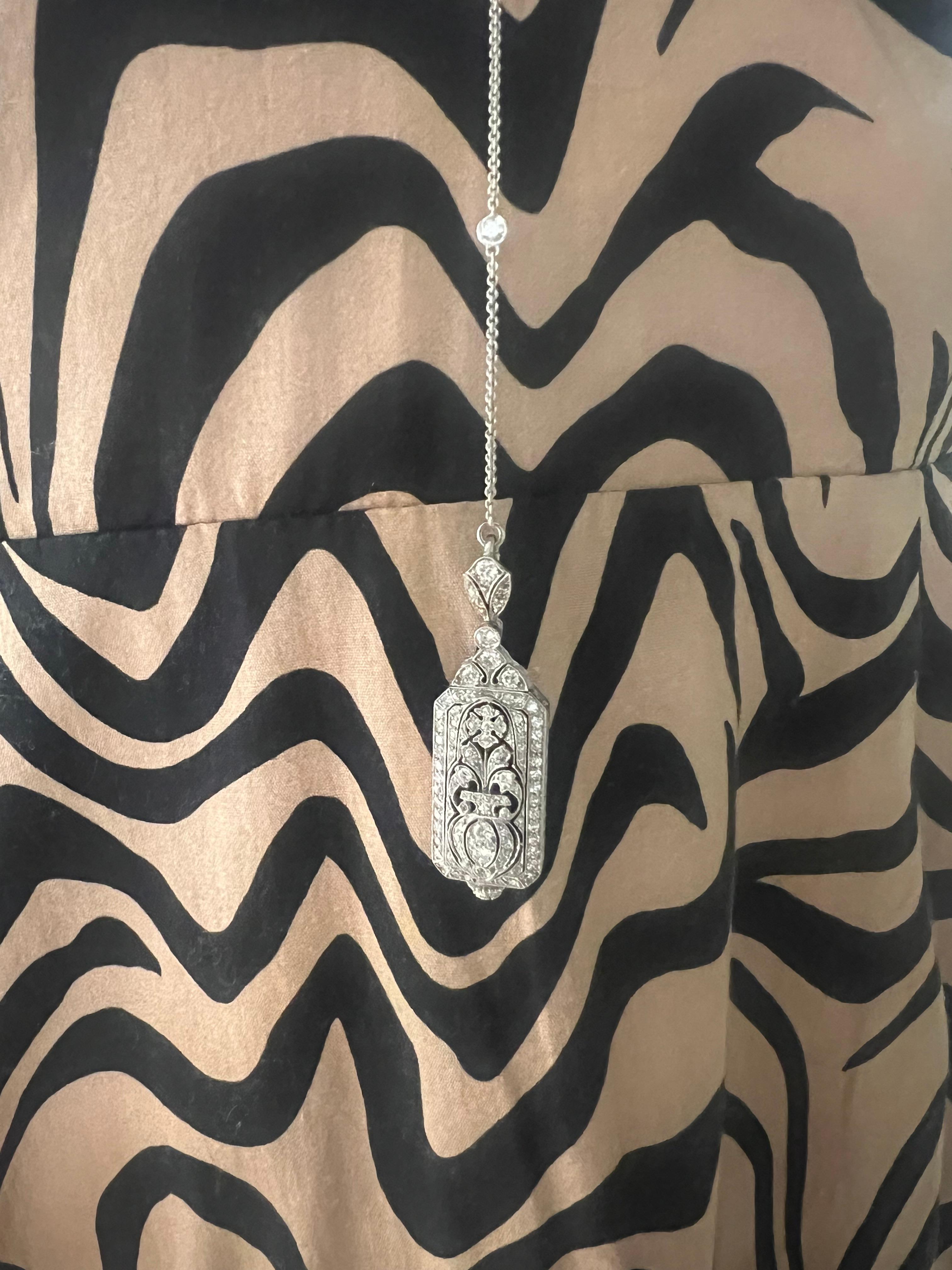 Old European Cut Art Deco Platinum Diamond Pendant Watch on Sautoir Neck Chain For Sale