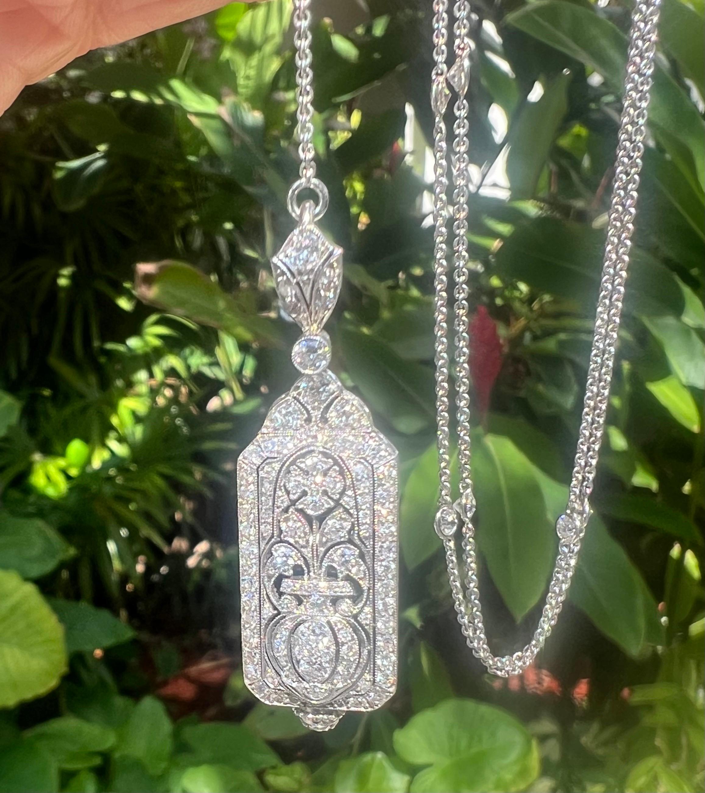 Art Deco Platinum Diamond Pendant Watch on Sautoir Neck Chain In Excellent Condition For Sale In Palm Beach, FL