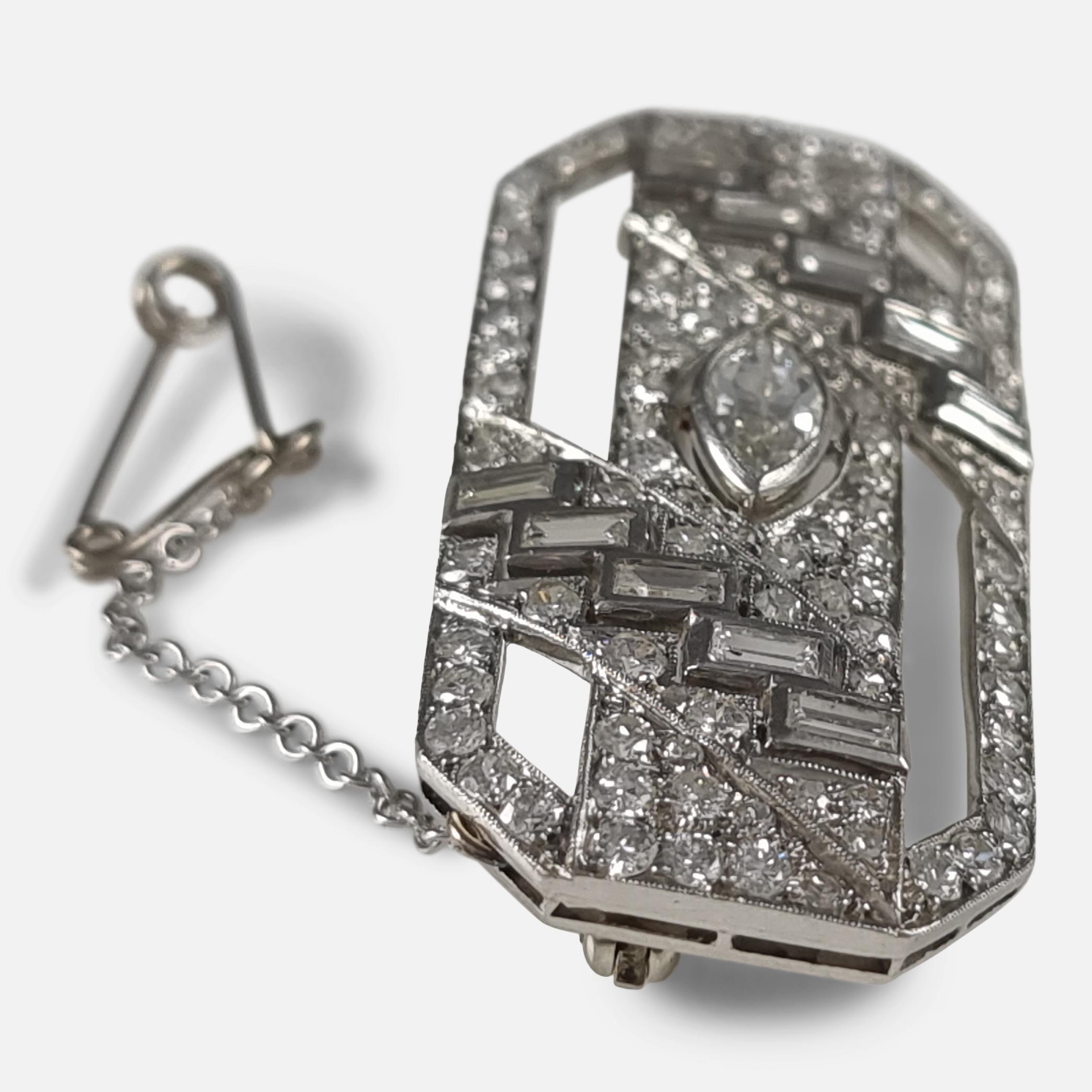 Art Deco Platin-Diamant-Plakette-Brosche (Marquiseschliff) im Angebot