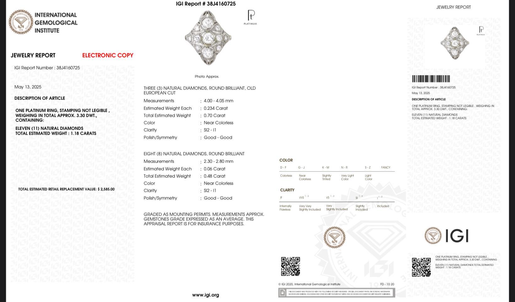 Art Deco Platinum Diamond Ring – 1.18ct Total, 3 Old Euro + 8 Brilliant Cut Diamonds, SI2–I1, Size 8.25, 3.30 dwt

This exquisite Art Deco diamond ring is a beautifully preserved piece from the early 20th century, showcasing the refined geometry and