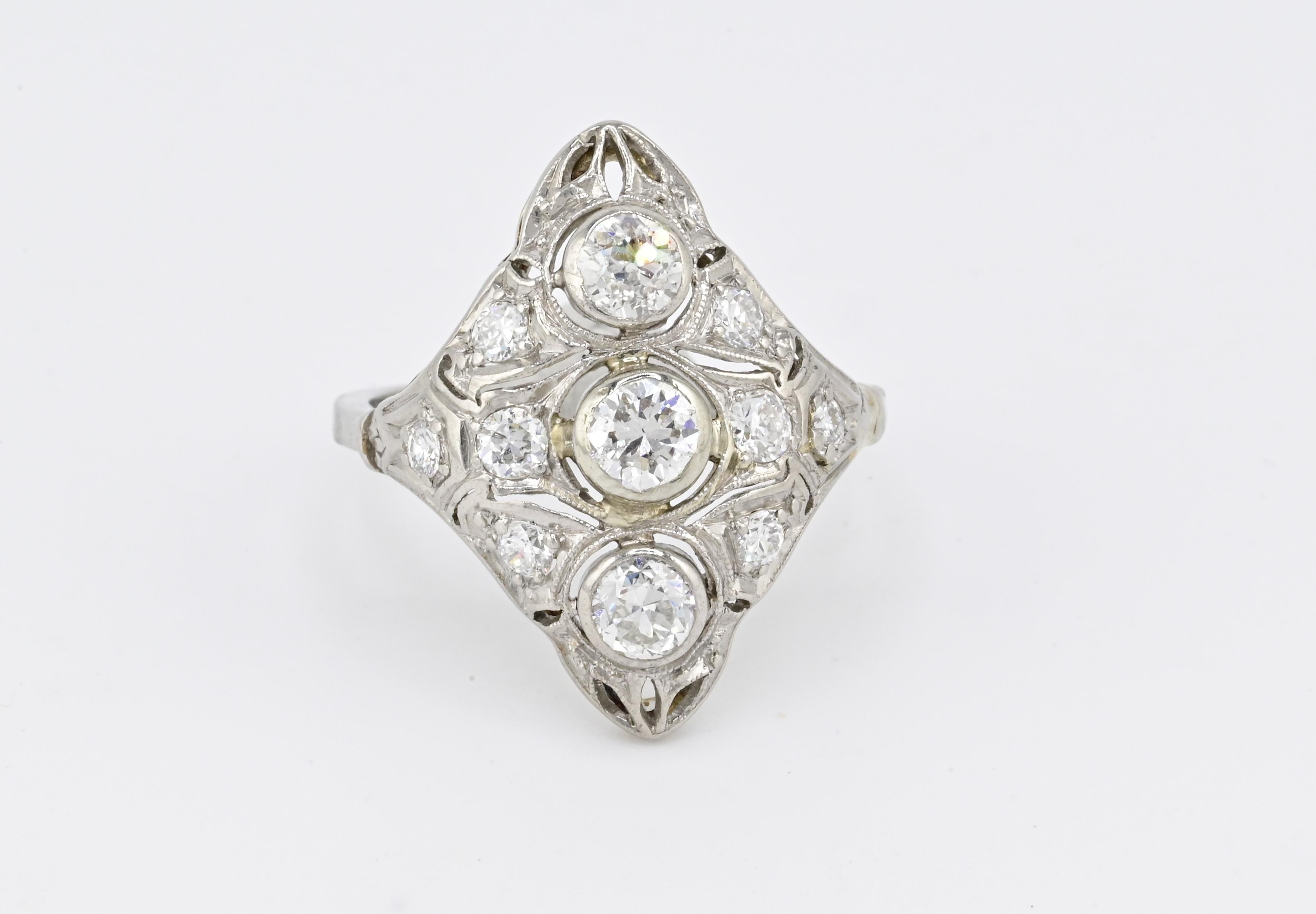 Old European Cut Art Deco Platinum Diamond Ring – 1.18 TCW Ring Size 8.25 IGI Certified For Sale