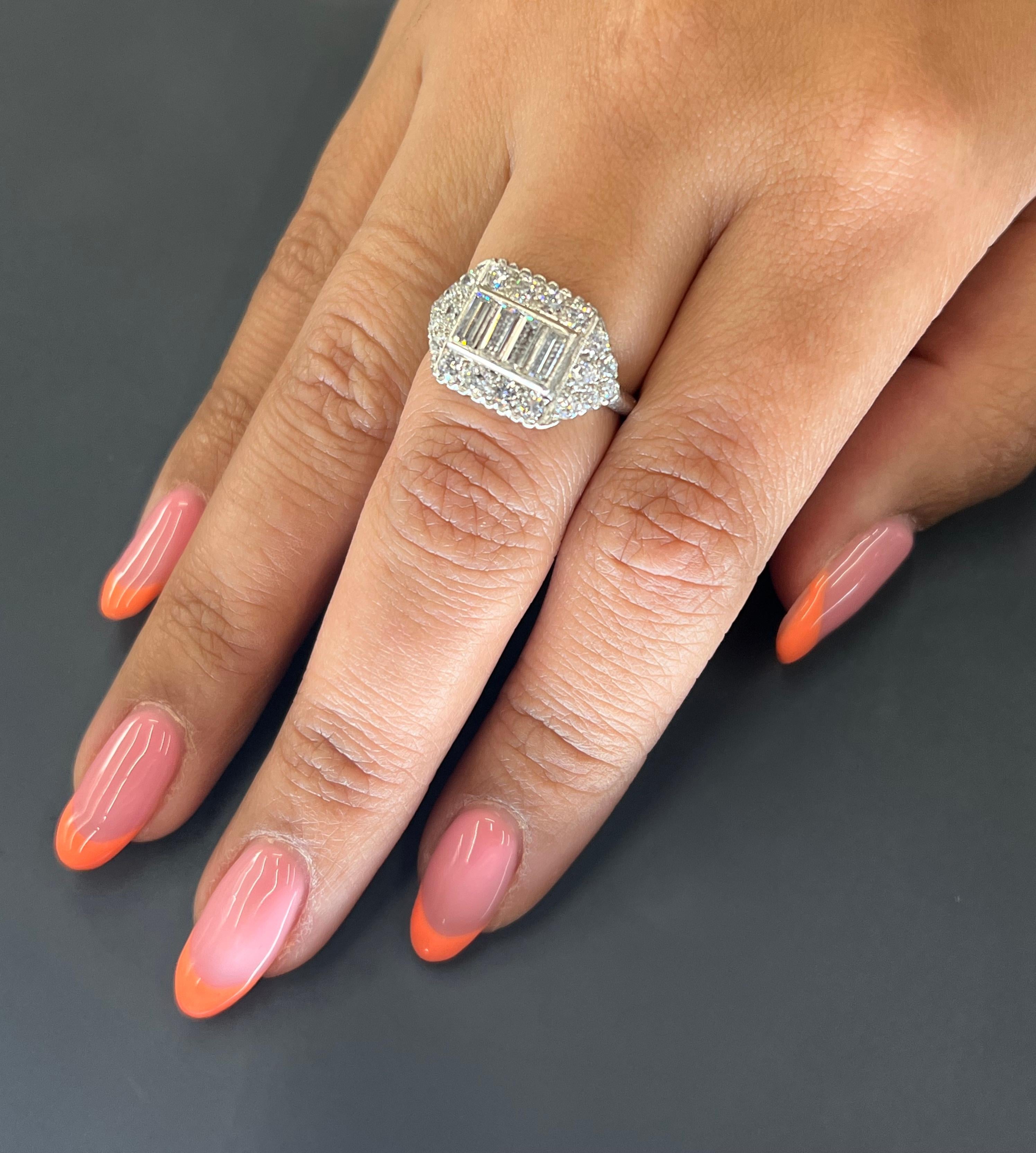 Baguette Cut Art Deco Platinum Diamond Ring 2.10 Ct