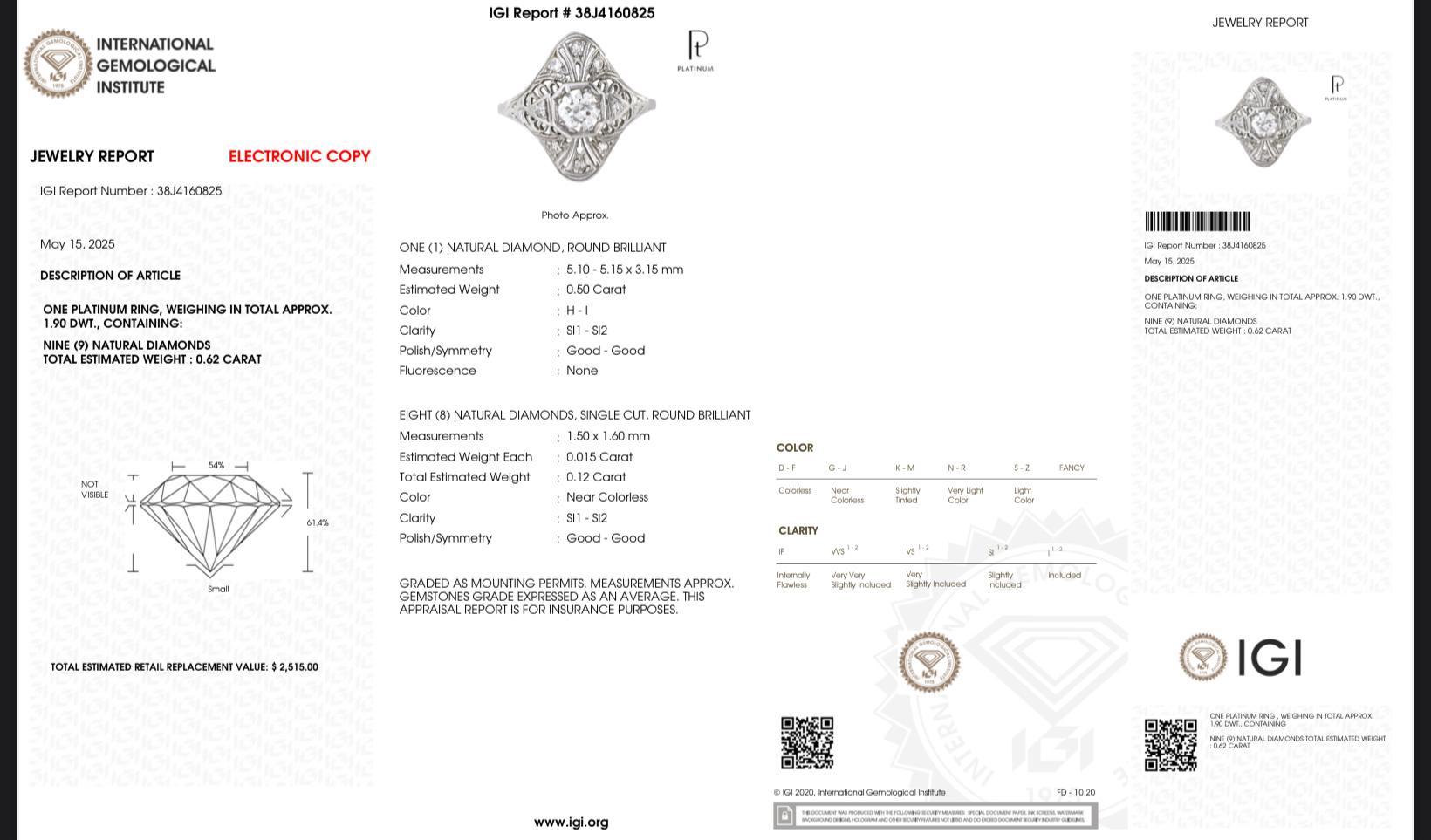 Round Cut Art Deco Platinum Diamond Ring .50 Carats Center Stone Ring Size 8.75 IGI Cert. For Sale