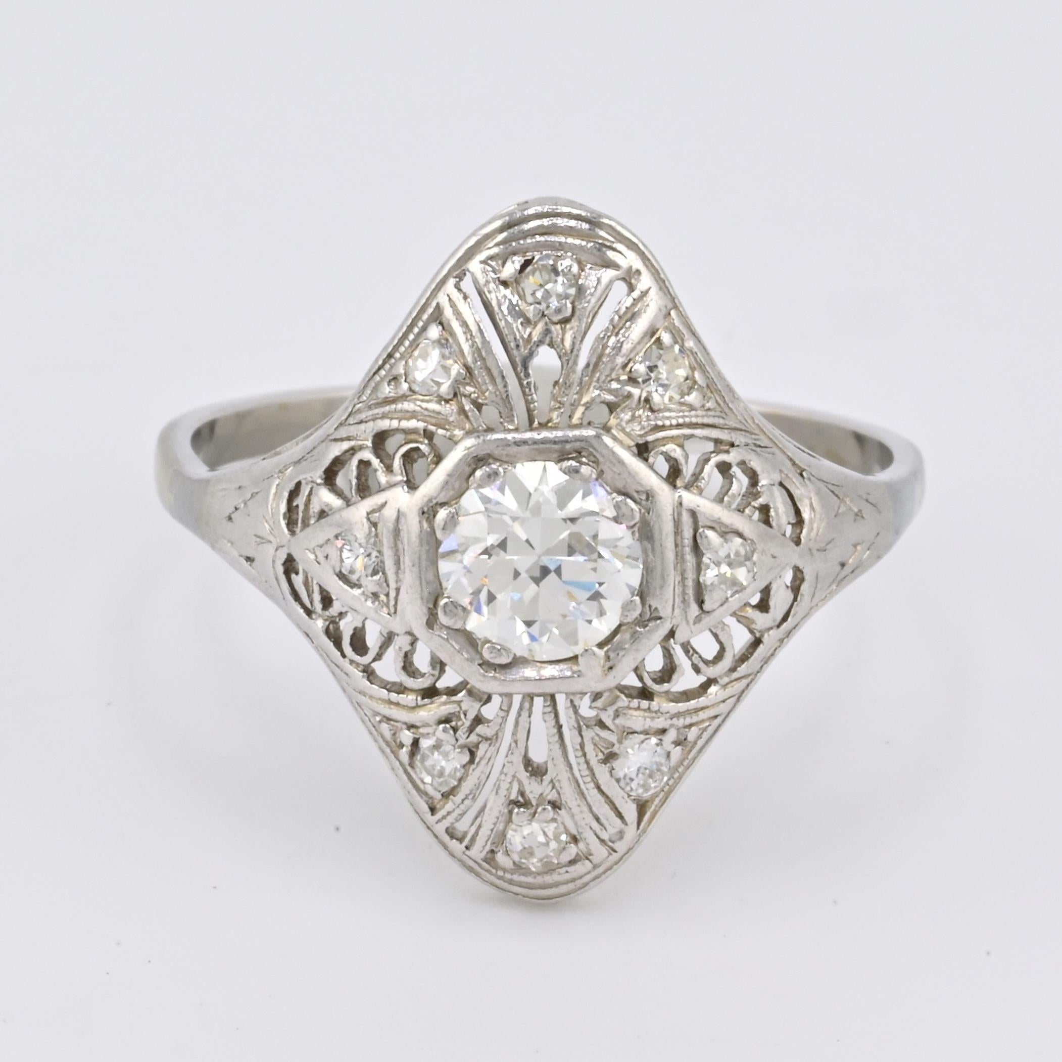 Art Deco Platinum Diamond Ring .50 Carats Center Stone Ring Size 8.75 IGI Cert. In Good Condition For Sale In Media, PA