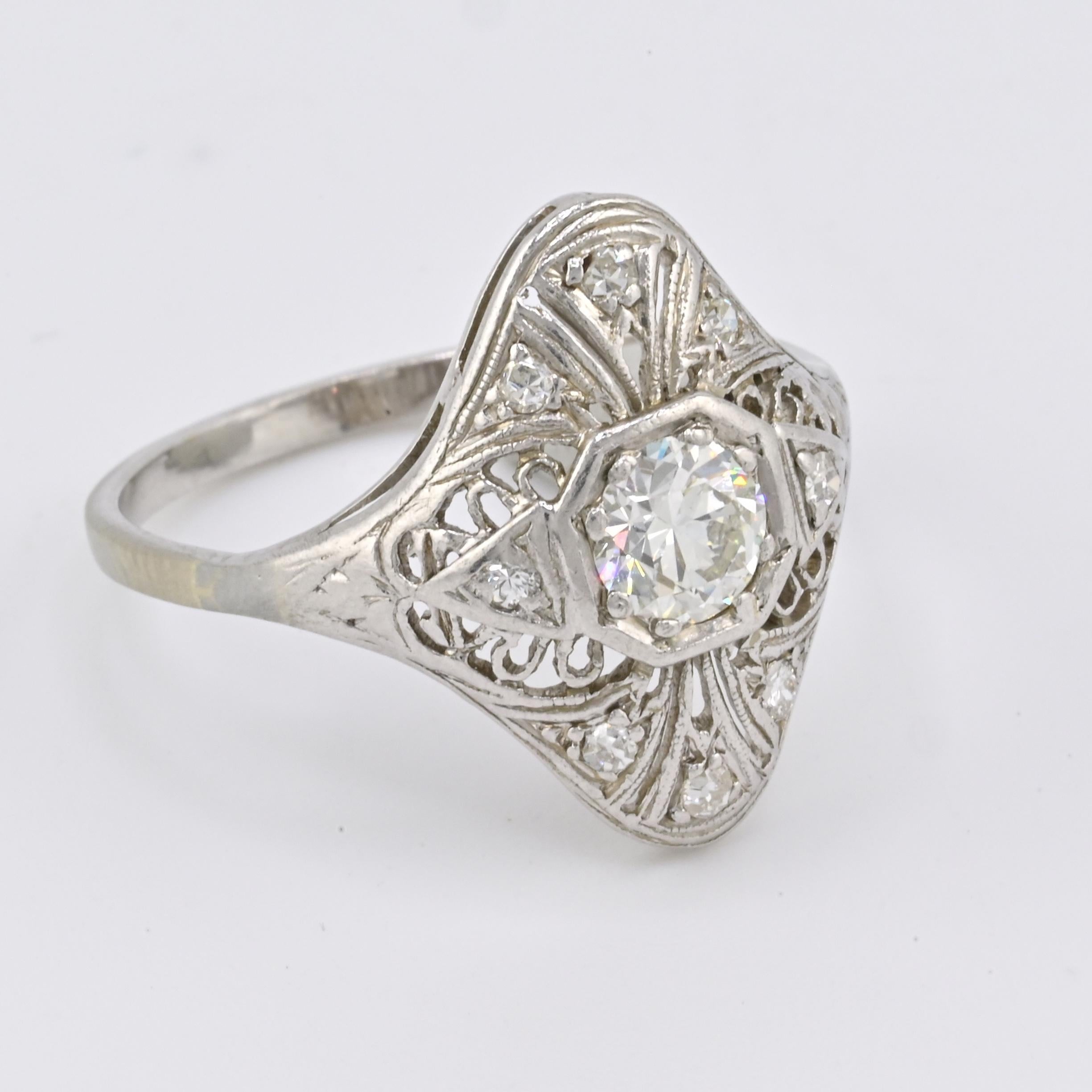 Women's or Men's Art Deco Platinum Diamond Ring .50 Carats Center Stone Ring Size 8.75 IGI Cert. For Sale