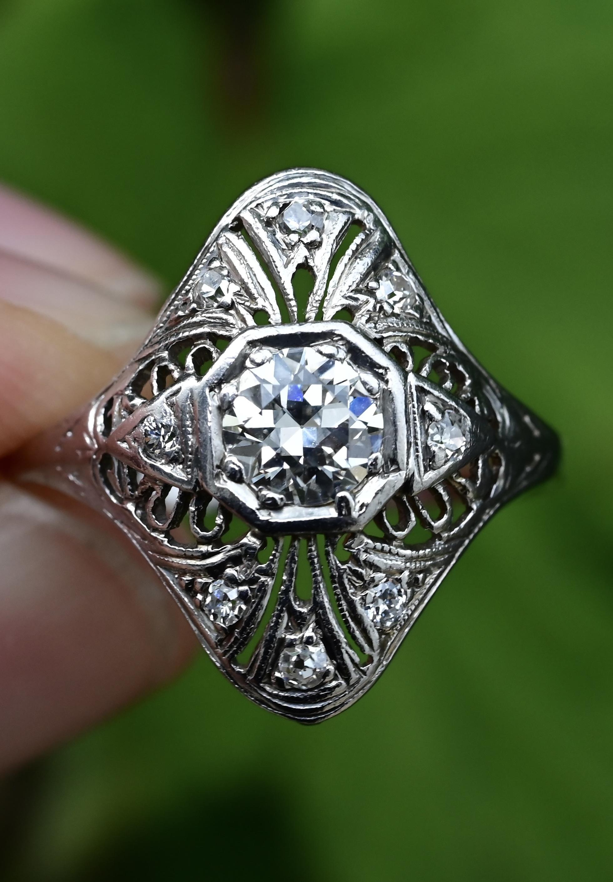 Art Deco Platinum Diamond Ring .50 Carats Center Stone Ring Size 8.75 IGI Cert. For Sale 2