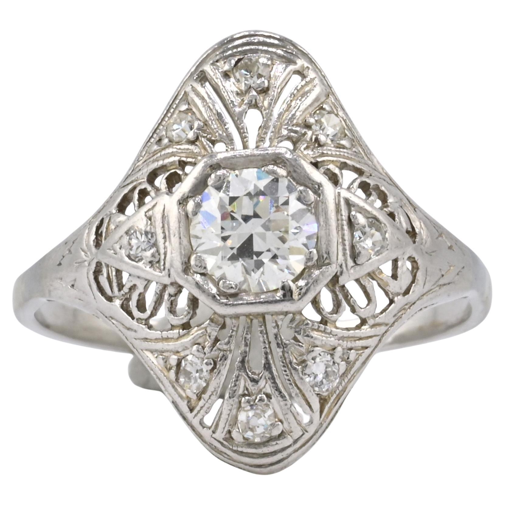 Art Deco Platinum Diamond Ring .50 Carats Center Stone Ring Size 8.75 IGI Cert. For Sale