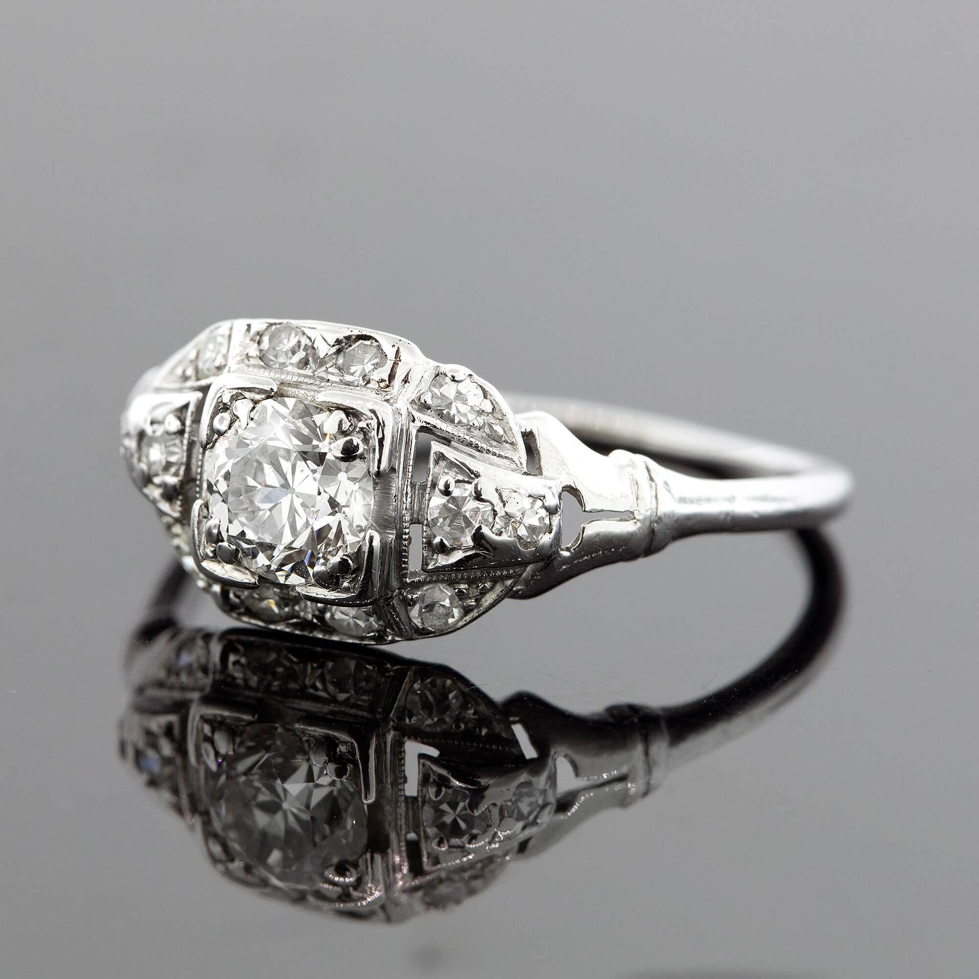 Round Cut Art Deco Platinum, Diamond Ring Circa 19030s For Sale