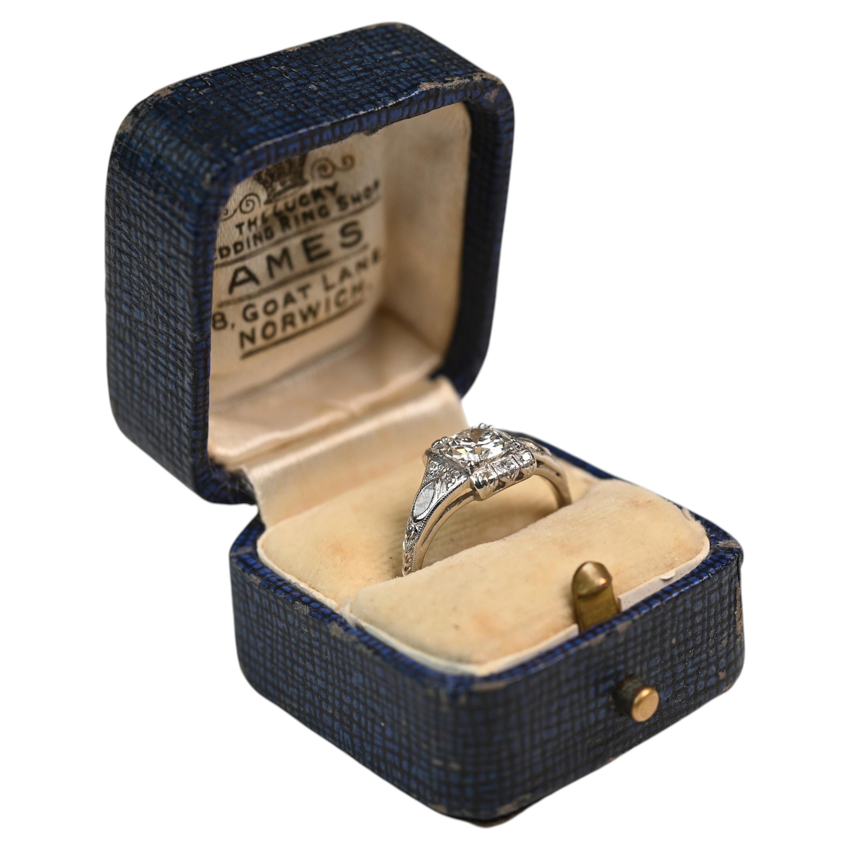 Art Deco Platinum Diamond Ring. GIA 0.90ct Old European Engagement 1925 E SI2