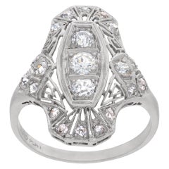 Art Deco Platinum Diamond Ring with Filigree Design Set with Approximately 1 Car