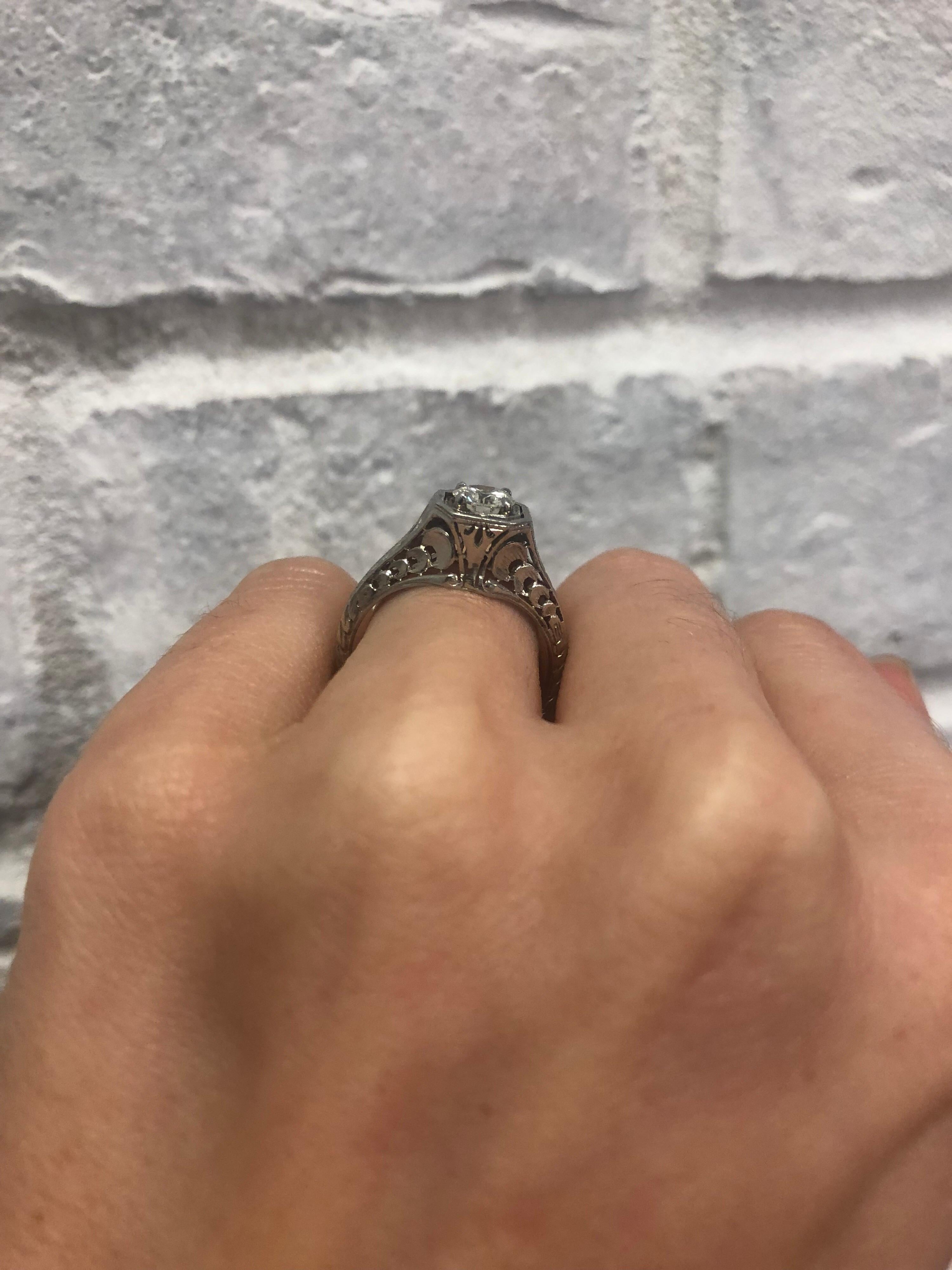 Women's or Men's Art Deco Platinum Diamond Ring with Filigree