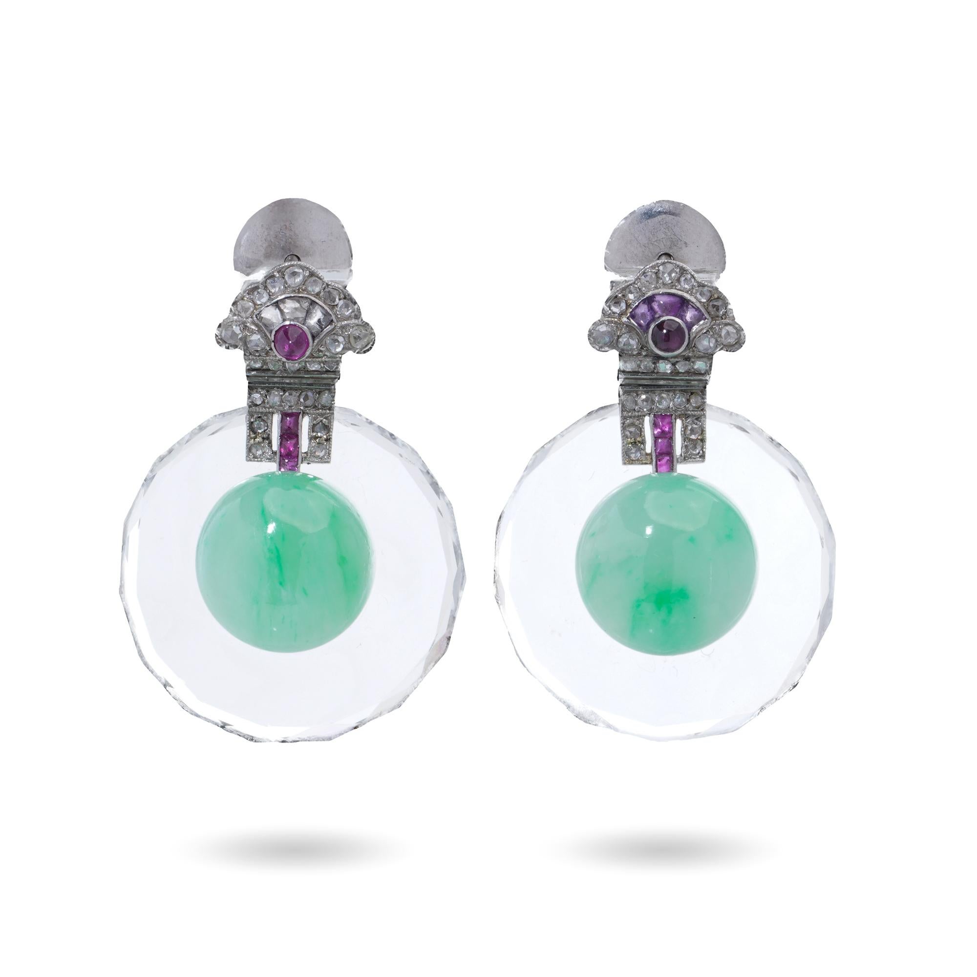 Art Deco Platinum Diamond, Ruby, Amethyst, and Jade Drop Earrings In Good Condition For Sale In Braintree, GB