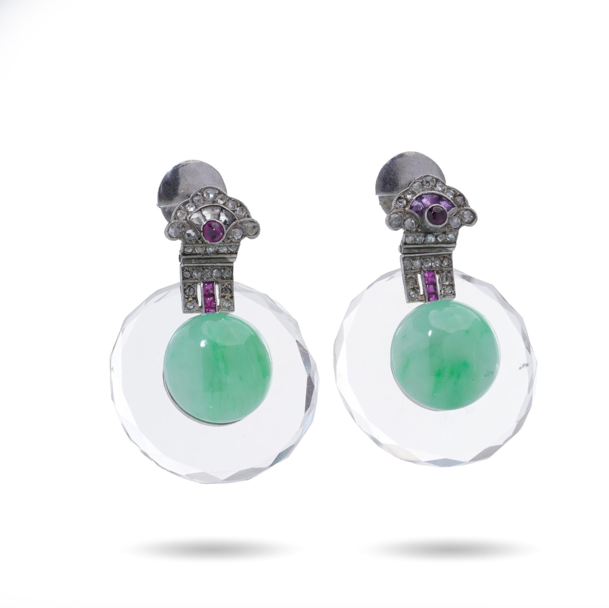 Women's Art Deco Platinum Diamond, Ruby, Amethyst, and Jade Drop Earrings For Sale