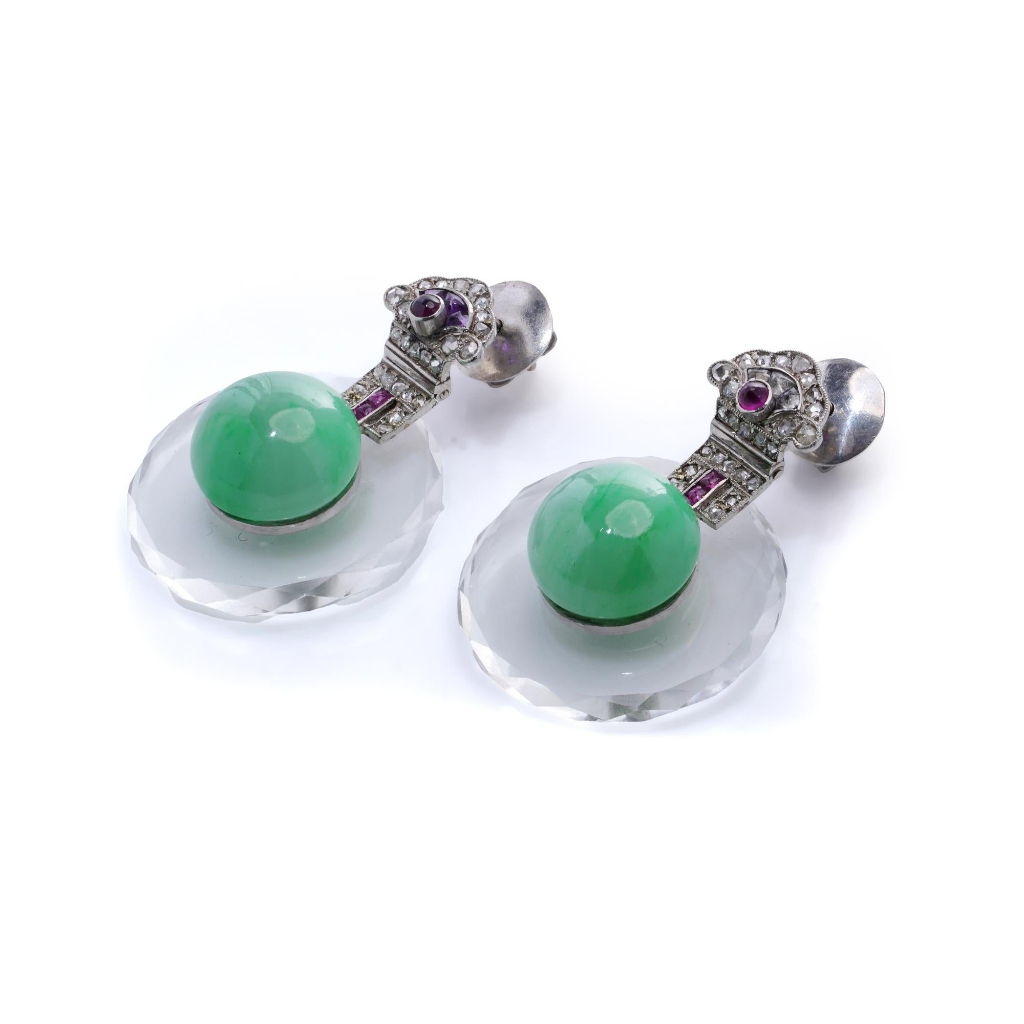 Art Deco Platinum Diamond, Ruby, Amethyst, and Jade Drop Earrings For Sale 1