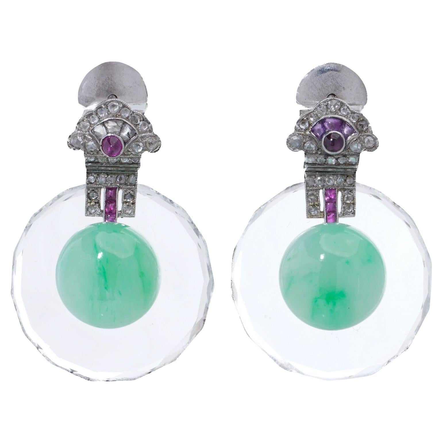 Art Deco Platinum Diamond, Ruby, Amethyst, and Jade Drop Earrings For Sale