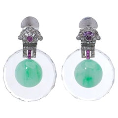 Art Deco Platinum Diamond, Ruby, Amethyst, and Jade Drop Earrings