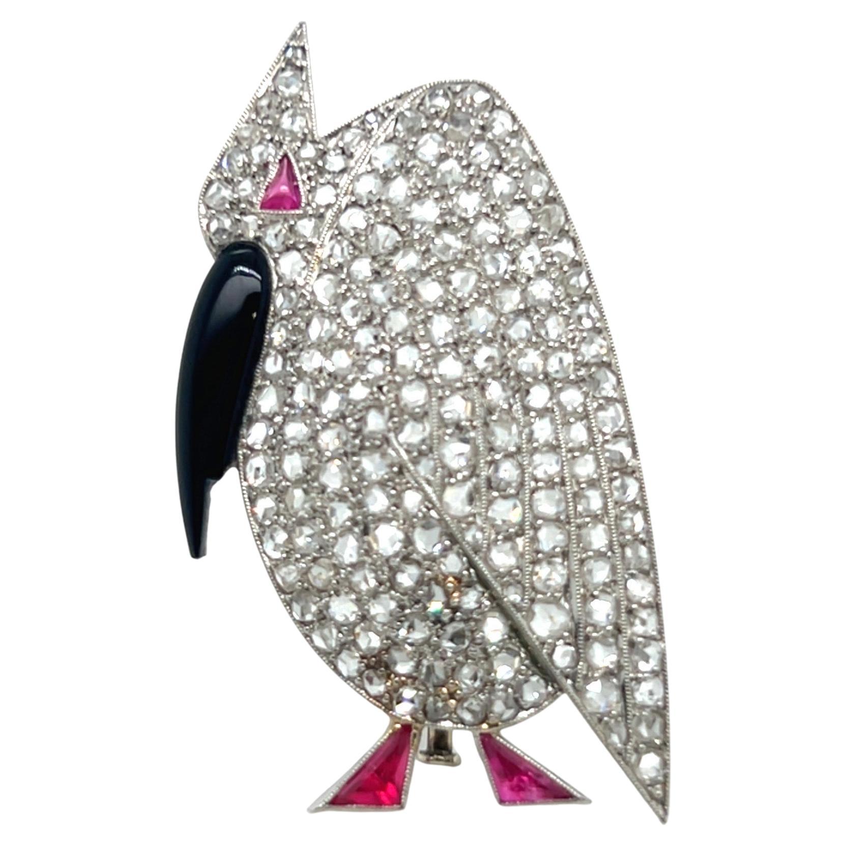 Art Déco Platinum Diamond Ruby Bird Brooch