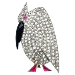 Art Déco Platinum Diamond Ruby Bird Brooch