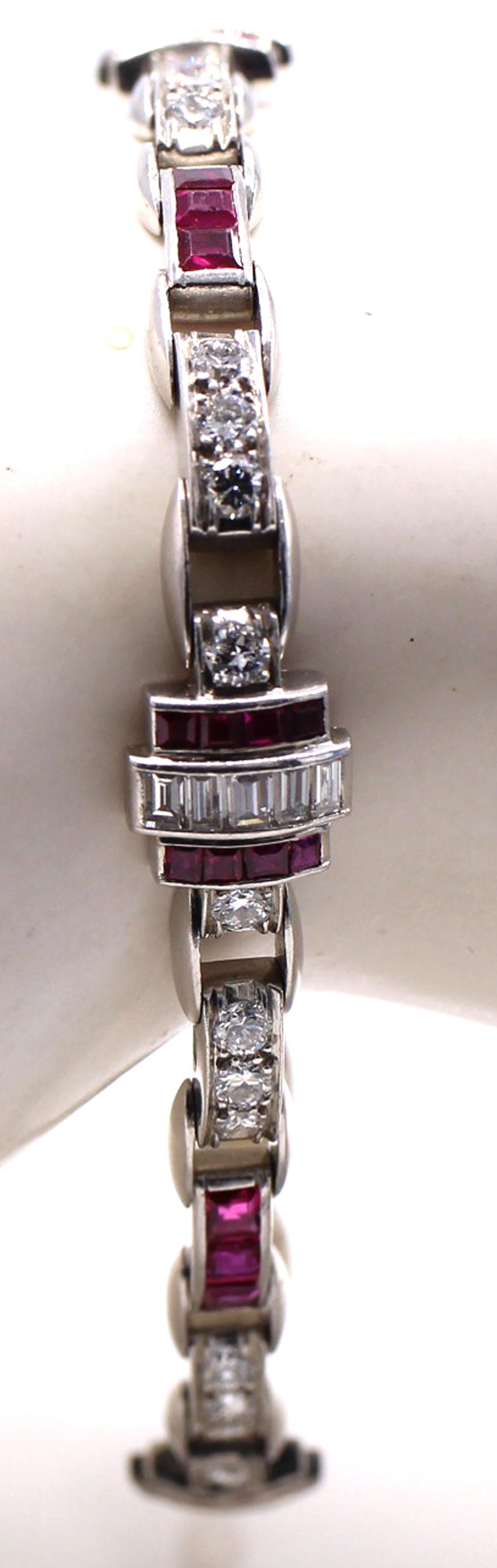 Pulsera Art Déco Platino Diamante Rubí Art Decó en venta