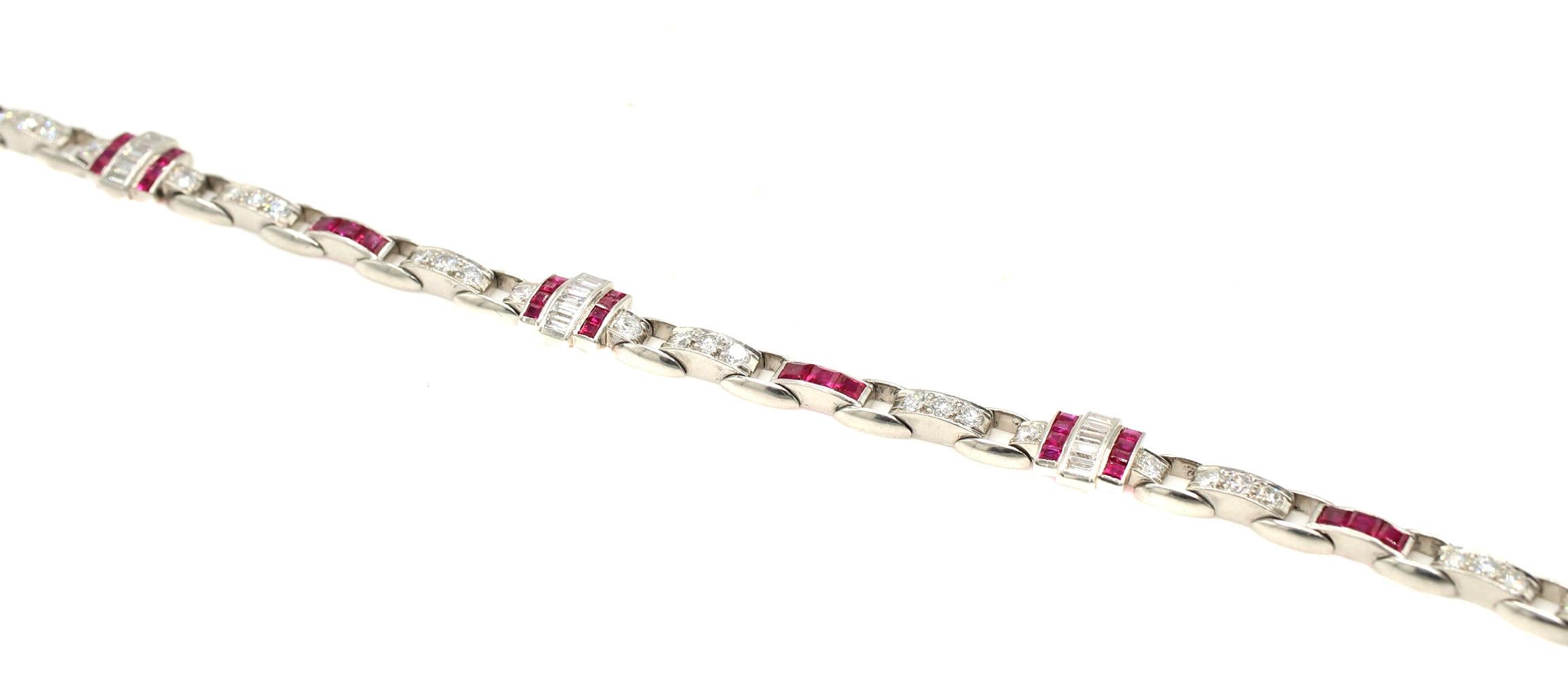 Pulsera Art Déco Platino Diamante Rubí Corte mixto en venta