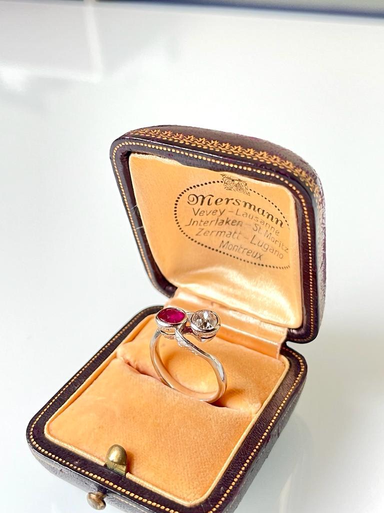 Old European Cut Fine Edwardian Platinum Diamond Ruby Crossover Toi et Moi Ring, C 1900 For Sale