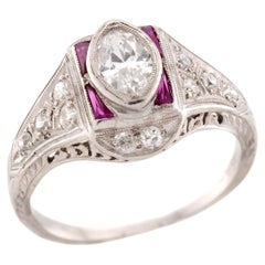 Anello di fidanzamento Art Deco in platino con diamanti e rubini da 0,75 carati