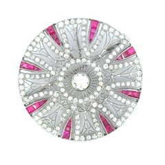 Art Deco Platinum Diamond Ruby Round Brooch