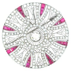 Art Deco Platinum Diamond Ruby Round Brooch