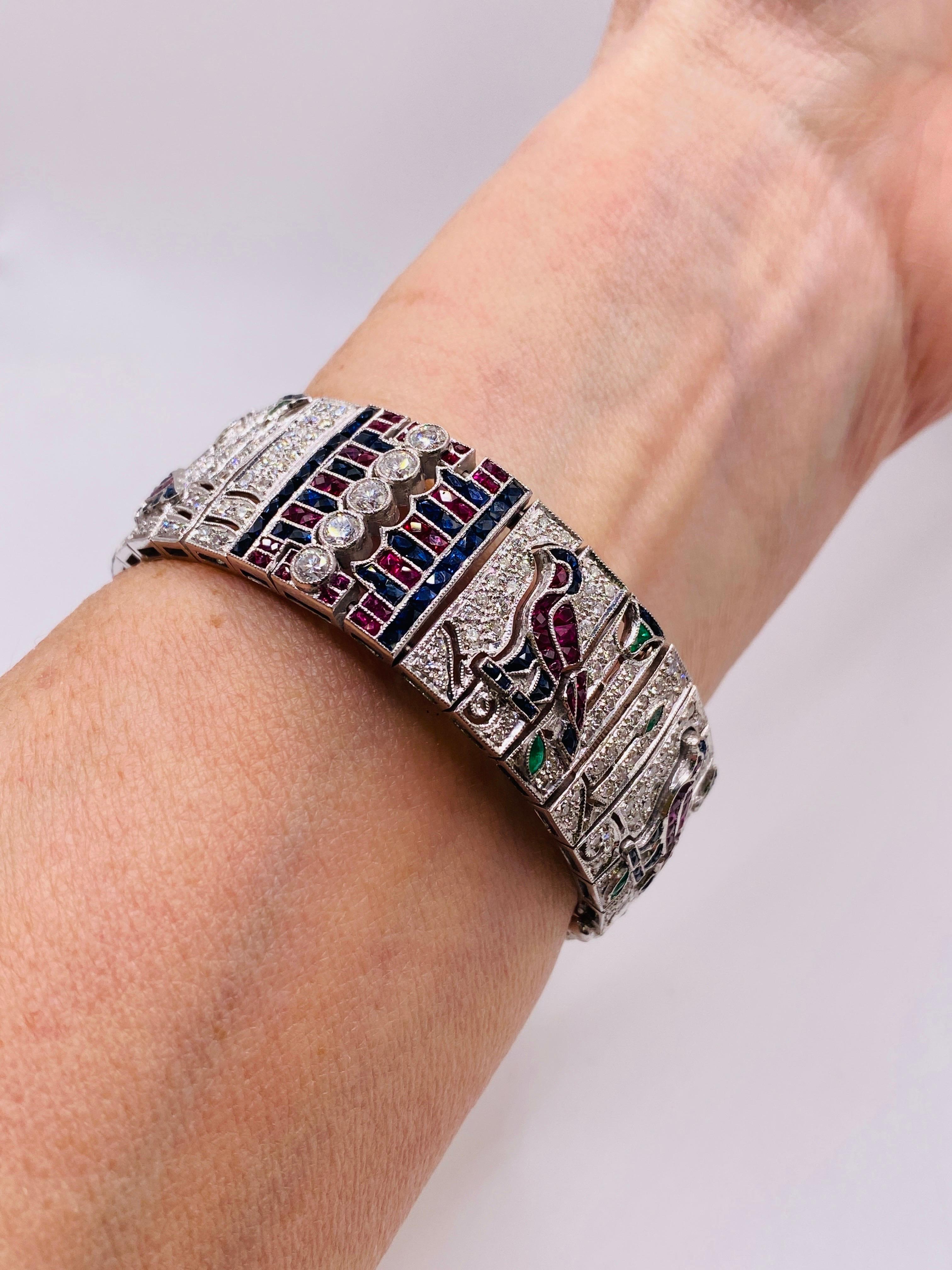 Round Cut Art Deco Platinum Diamond Ruby Sapphire and Emerald Egyptian Bracelet