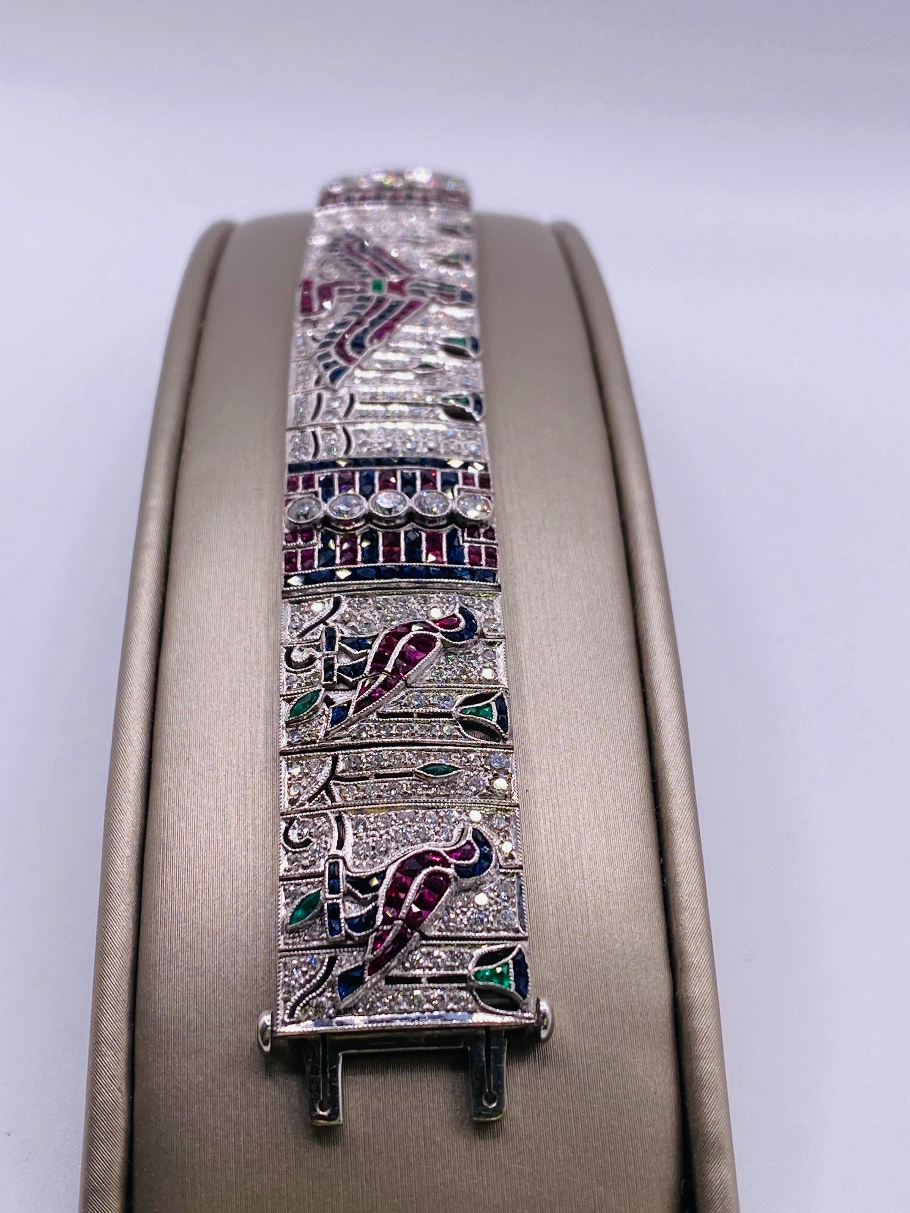 Art Deco Platinum Diamond Ruby Sapphire and Emerald Egyptian Bracelet In Good Condition In DALLAS, TX