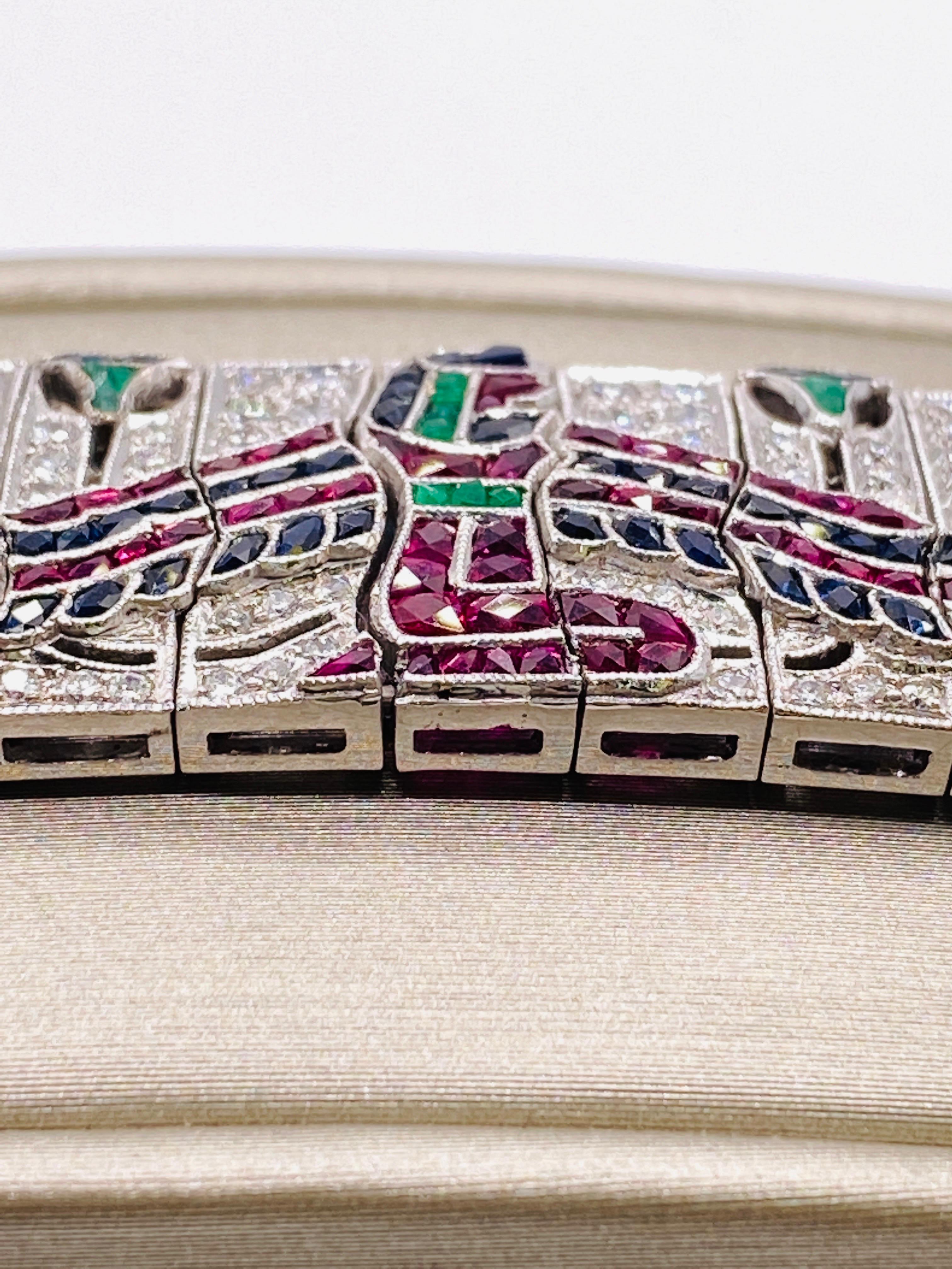 Women's or Men's Art Deco Platinum Diamond Ruby Sapphire and Emerald Egyptian Bracelet