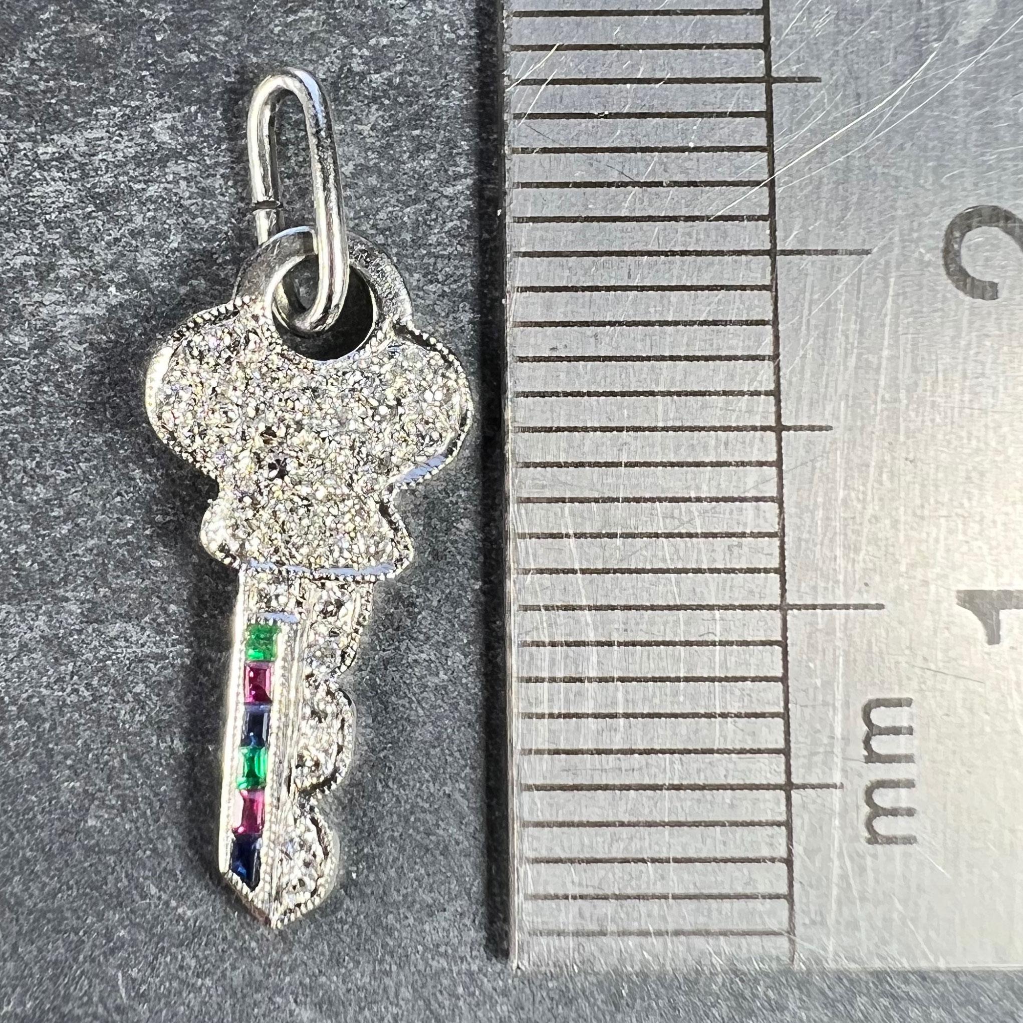 Art Deco Platinum Diamond Ruby Sapphire Emerald Key Charm Pendant For Sale 4