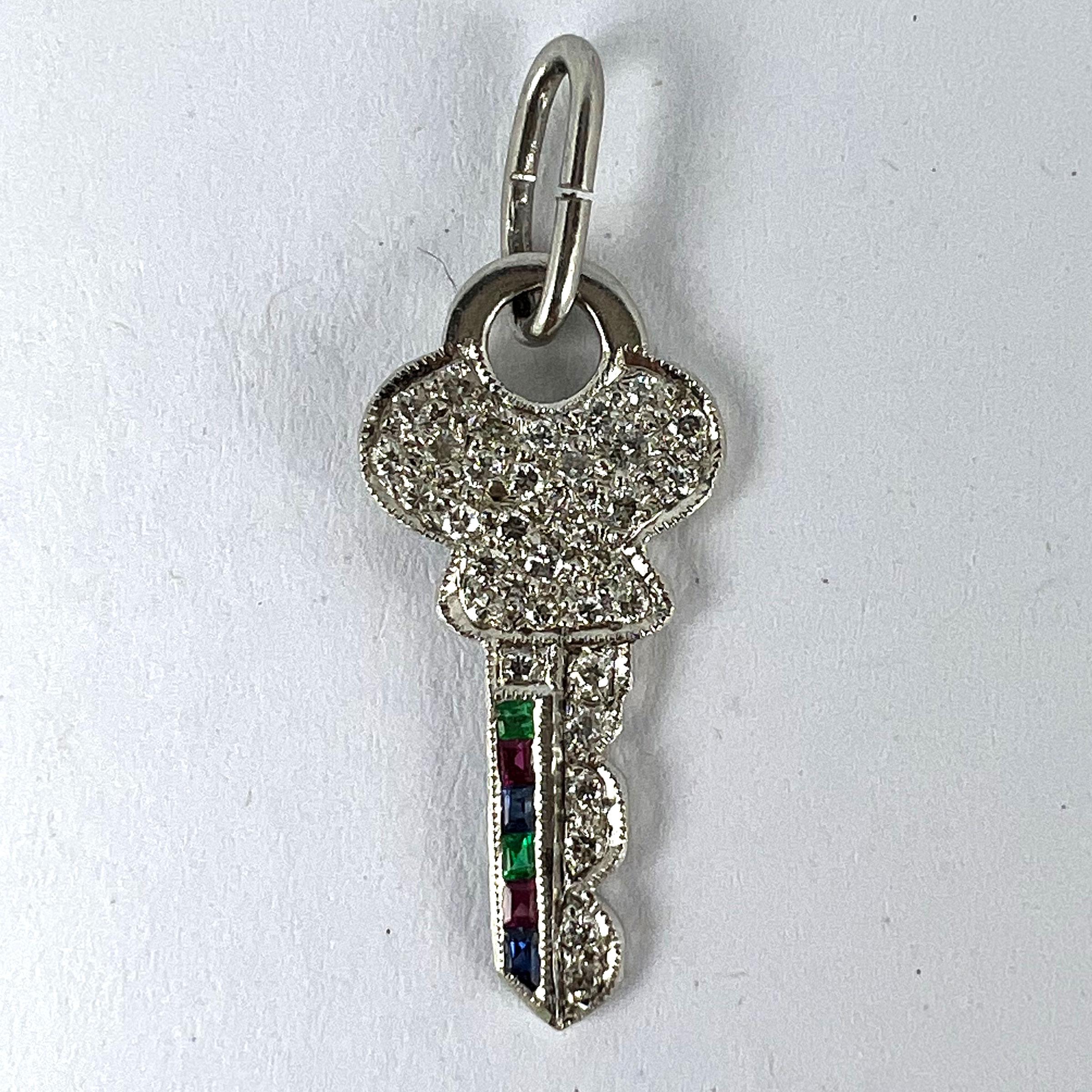 Art Deco Platinum Diamond Ruby Sapphire Emerald Key Charm Pendant For Sale 6