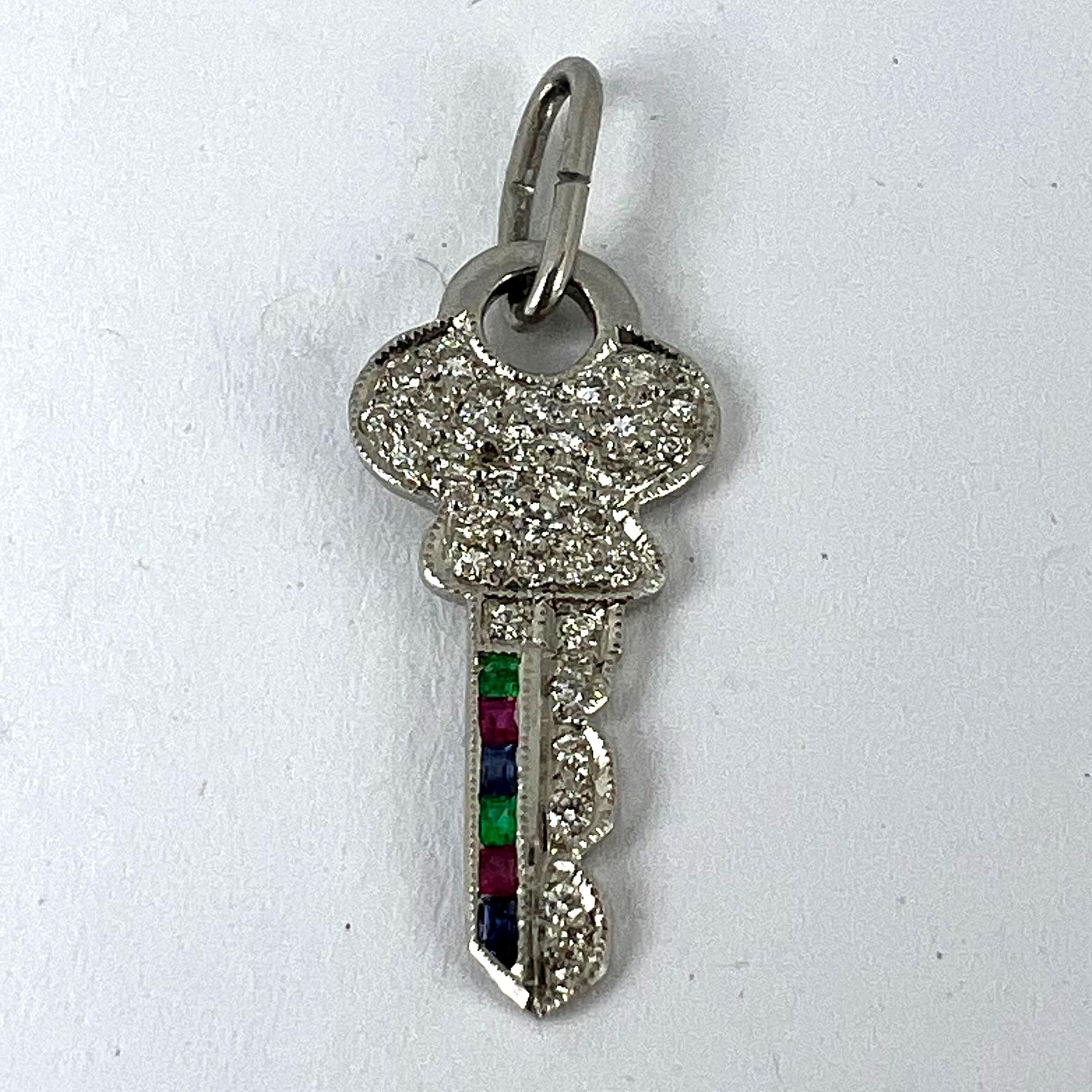 Art Deco Platinum Diamond Ruby Sapphire Emerald Key Charm Pendant For Sale 7